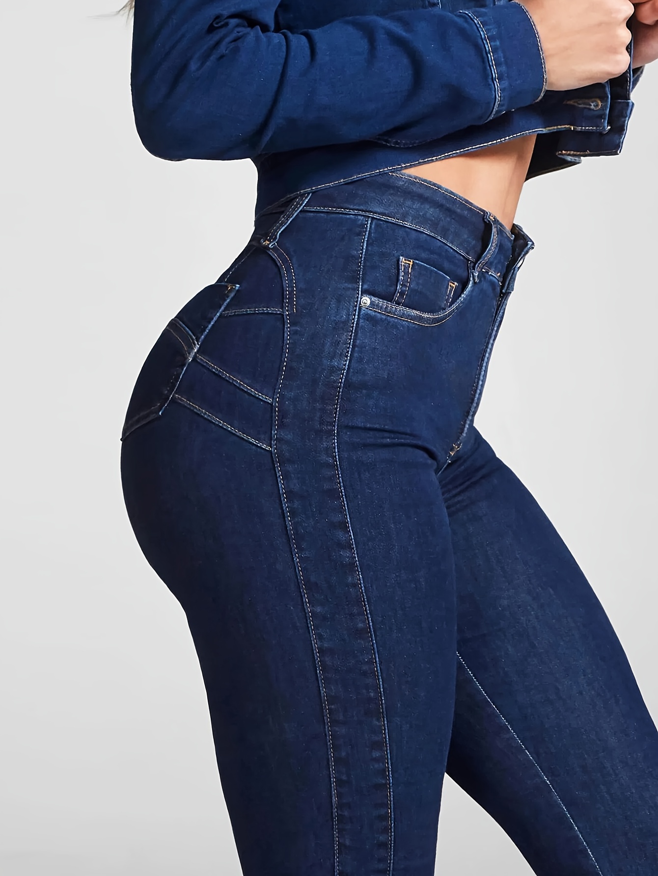 Women's High Waist Stretchy Skinny Leg Jeans, Solid Butt Lifting Denim  Pants, Classic Side * Jeans