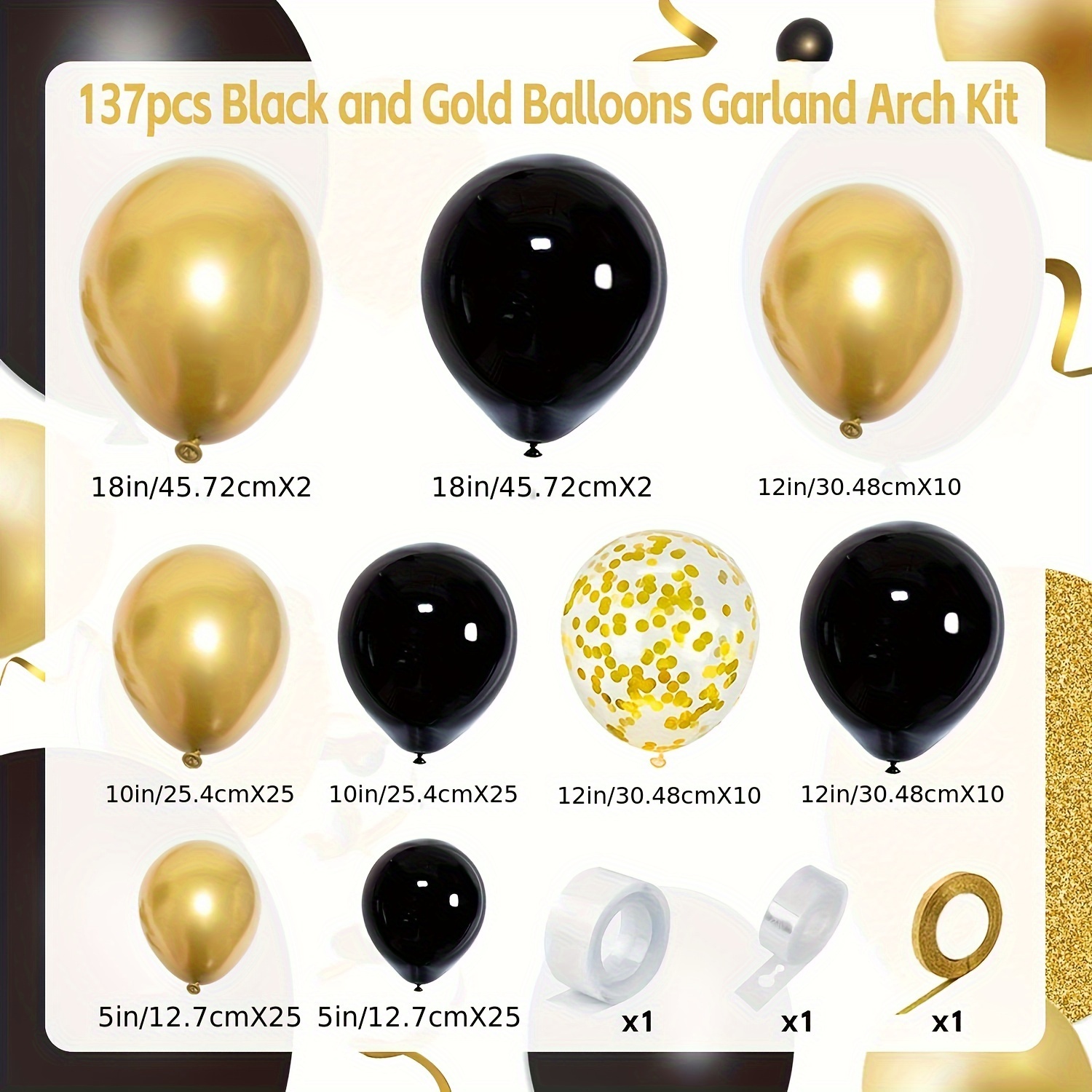  Guirnalda de globos de 4 tamaños, color negro y dorado, globos  negros y dorados, decoración de fiestas, arco de globos para cumpleaños  dorados y negros, graduación, Año Nuevo, jubilación, boda, aniversario