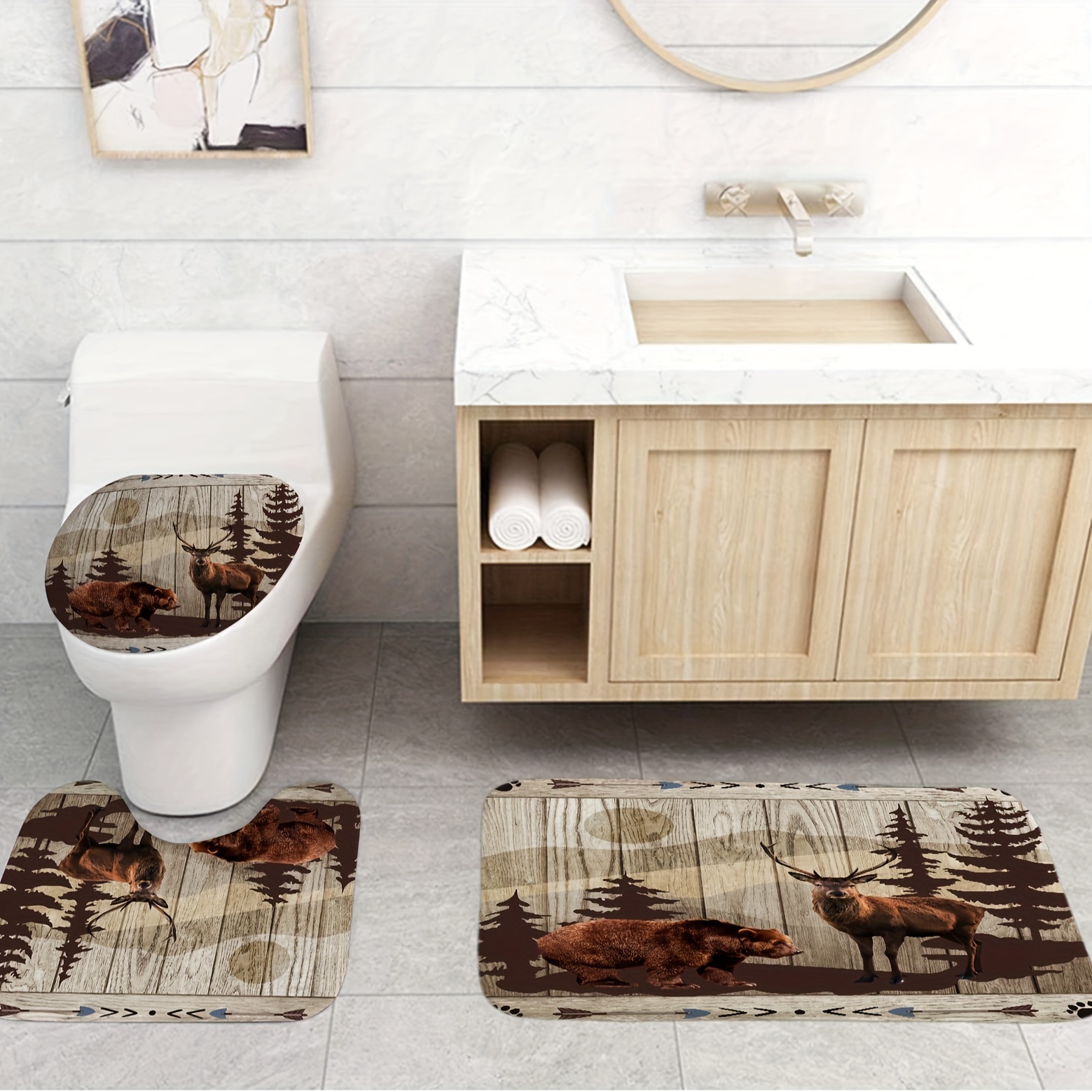 Rustic Bathroom Cabin Sink Accessory Set, Shower Curtain or Bath Mat Lodge  Elk 