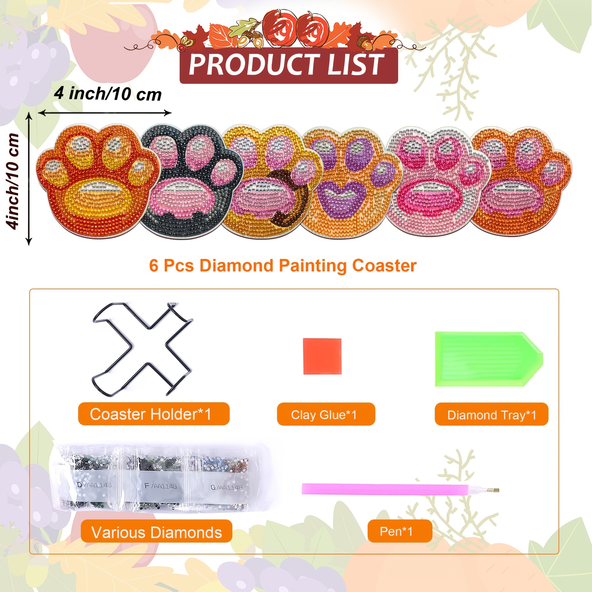 10PCS Diamond Painting Coasters Kit with Holder DIY Animals Paw Diamonds  Coaster