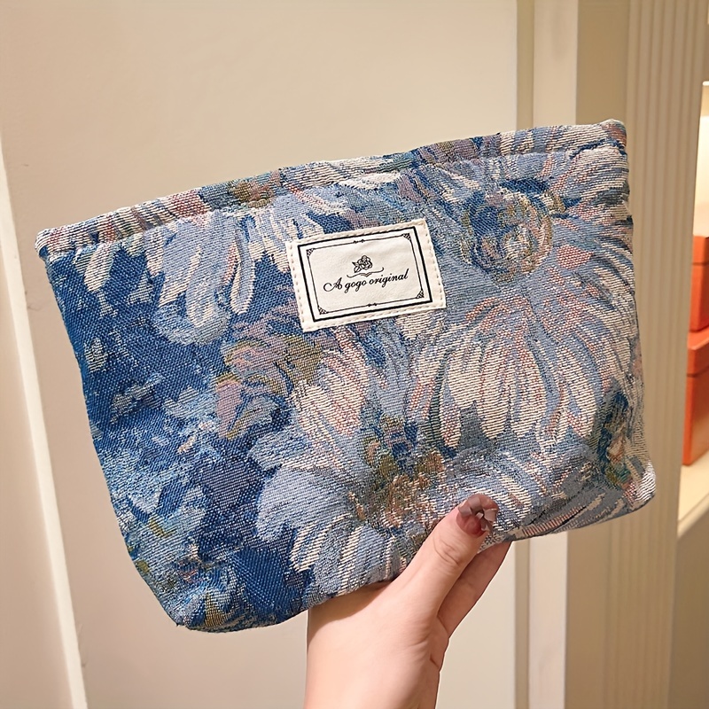 TEMU Bolsa De Maquillaje Con Estampado De Flores Artísticas, Estilo De Pintura Al Óleo, Bolsa Gruesa Para Productos Para El Cuidado De , Bolsa De