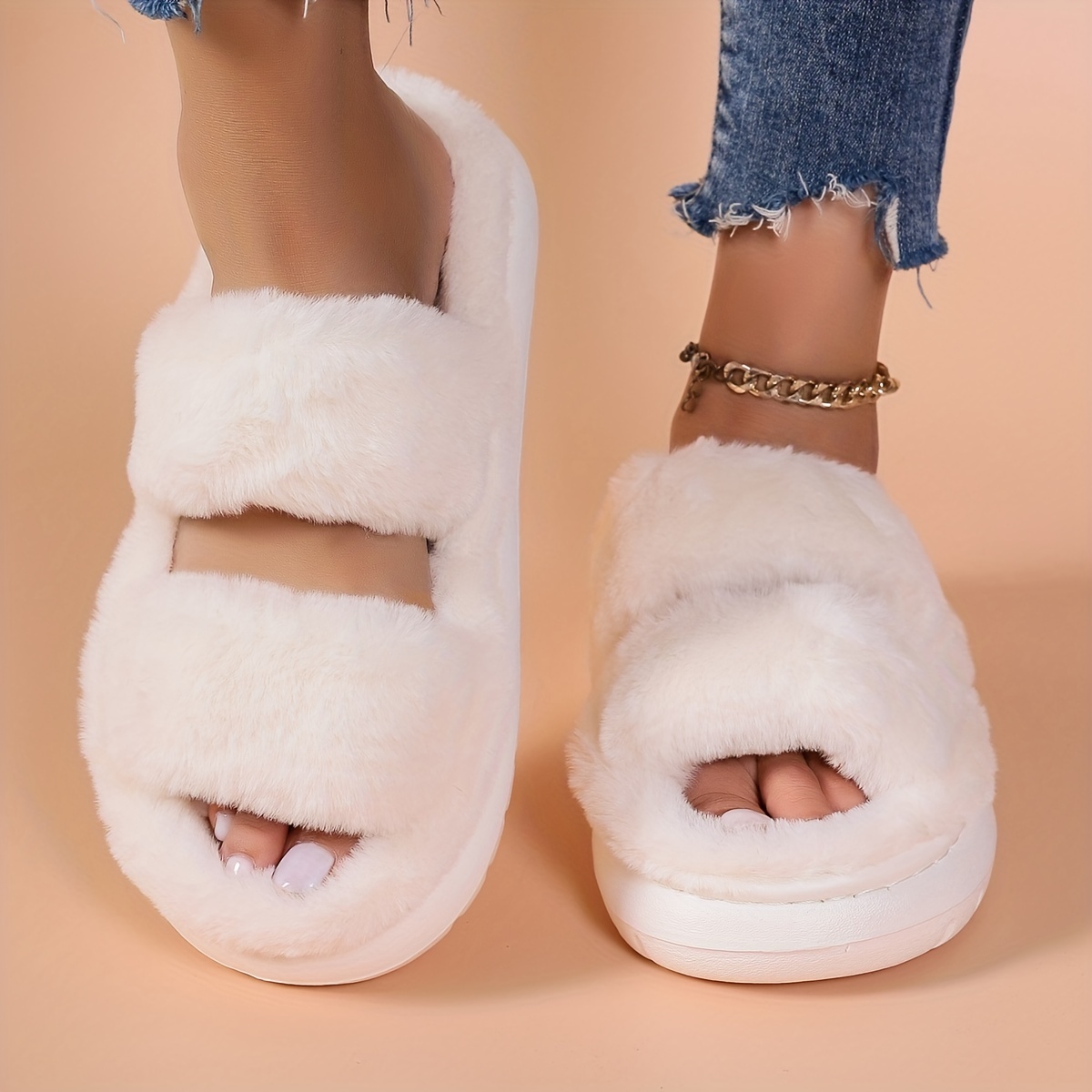 Fluffy Crossover Band Plush Slippers Solid Color Cozy Open - Temu