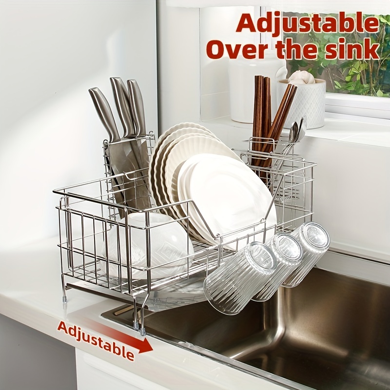 Retractable Dish Rack For Sink, Kitchen Sink Dish Drainer, Adjustable Sink  Organizer And Filter With High Drain Board And Utensil Holder