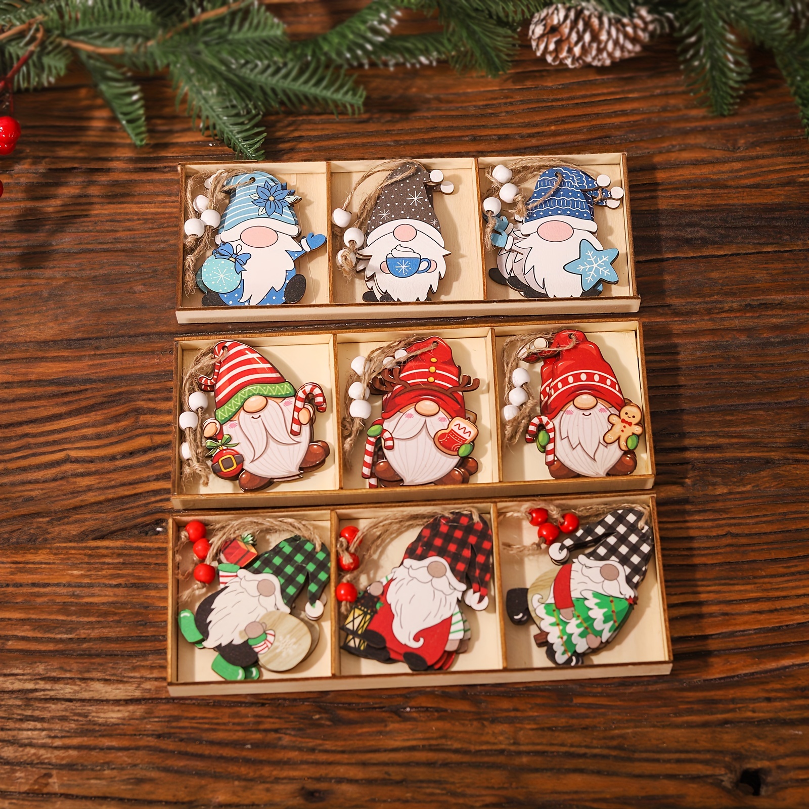 Christmas Ornaments Wooden Box Set 9pcs Gnomes Pendant Decor Party