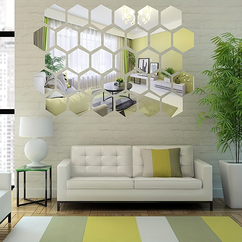  48 Pcs Acrylic Mirror Setting Removable Hexagon Wall Sticker  Hexagonal Stick on Mirrors for Wall Honeycomb Peel and Stick Mirrors  Aesthetic Mirror Decals Adhesive Mirror Tiles (5 x 4.3 x 2.5