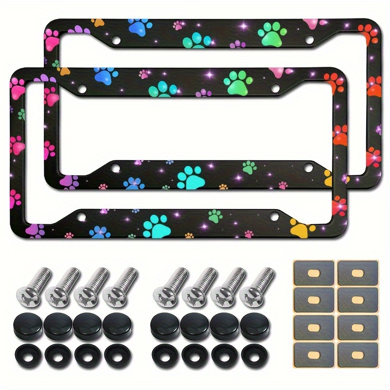 

2pcs Colored Paw Print License Plate Frames- Funny Rainbow Dog Paw Metal Auto Car Tag Holder Cover For Women Men, With Mounting Screw Bolts, Caps