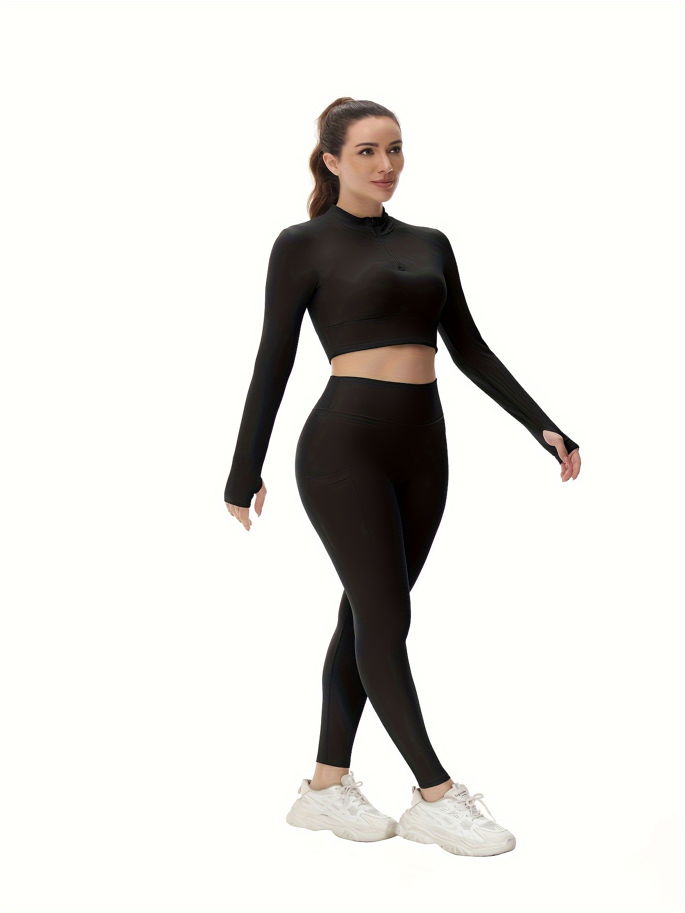 Yoga Workout Set Long Sleeve Thumb Hole Half Zipper Crop Top - Temu