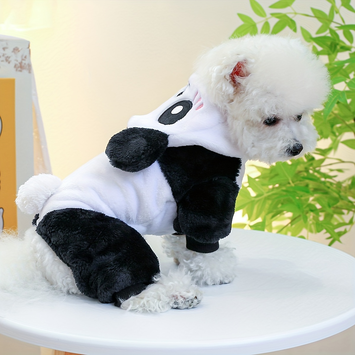 Dog in shop a panda suit