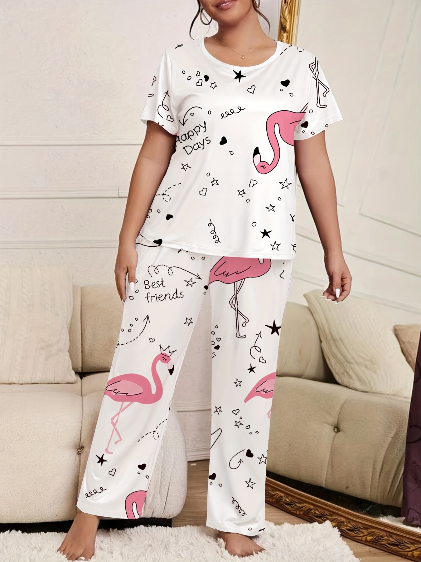 Plus Size Cute Pajama Set Women's Plus Flamingo Heart Print - Temu Canada
