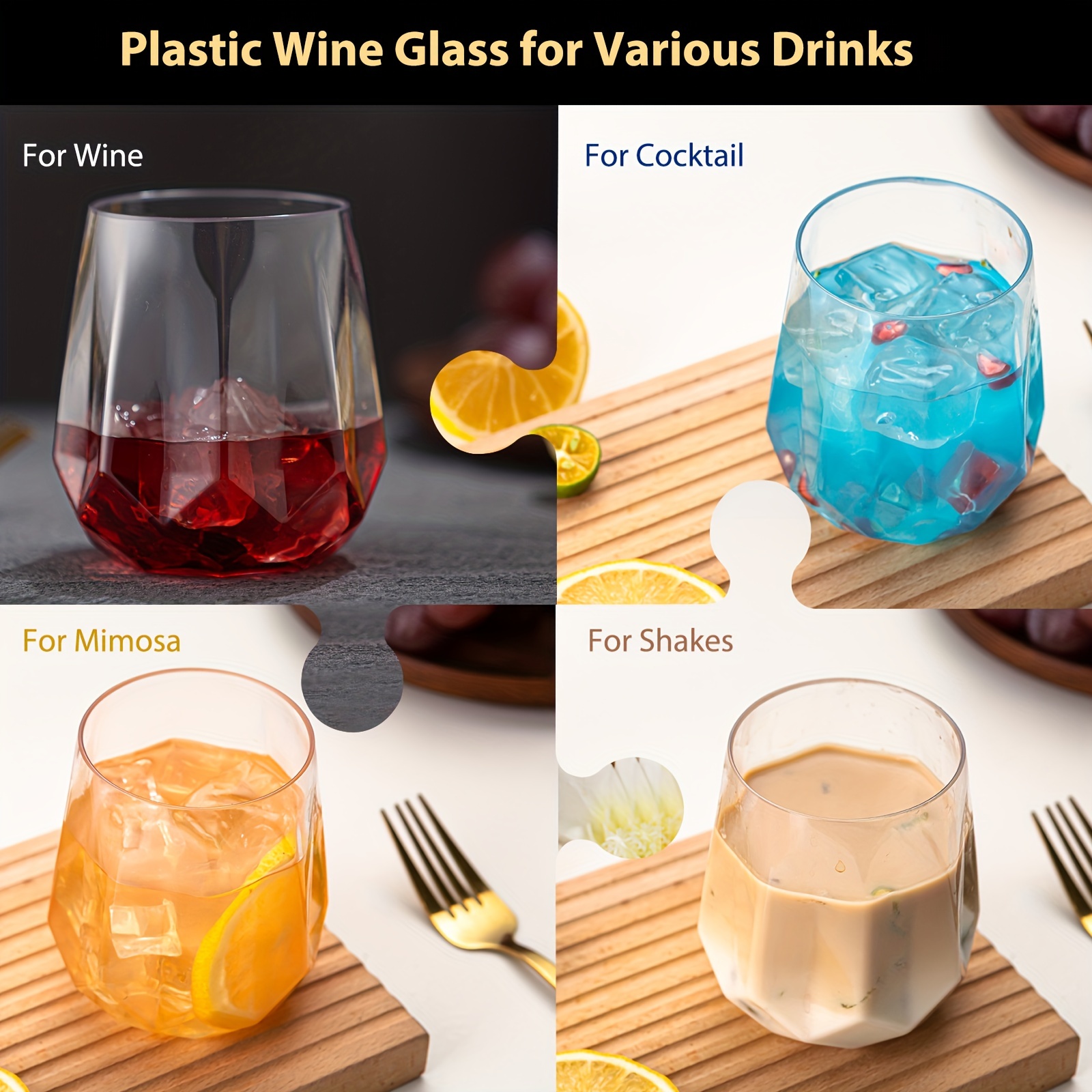 16oz Plastic Stemless Wine Glasses Disposable Heavy Duty