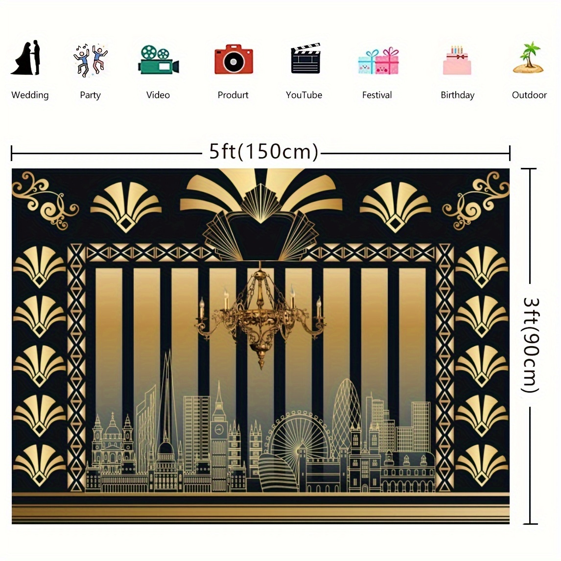 Great Gatsby Theme Birthday Party Photography Background Black Golden Line  Customize Birthday Party Decor Backdrops Banner