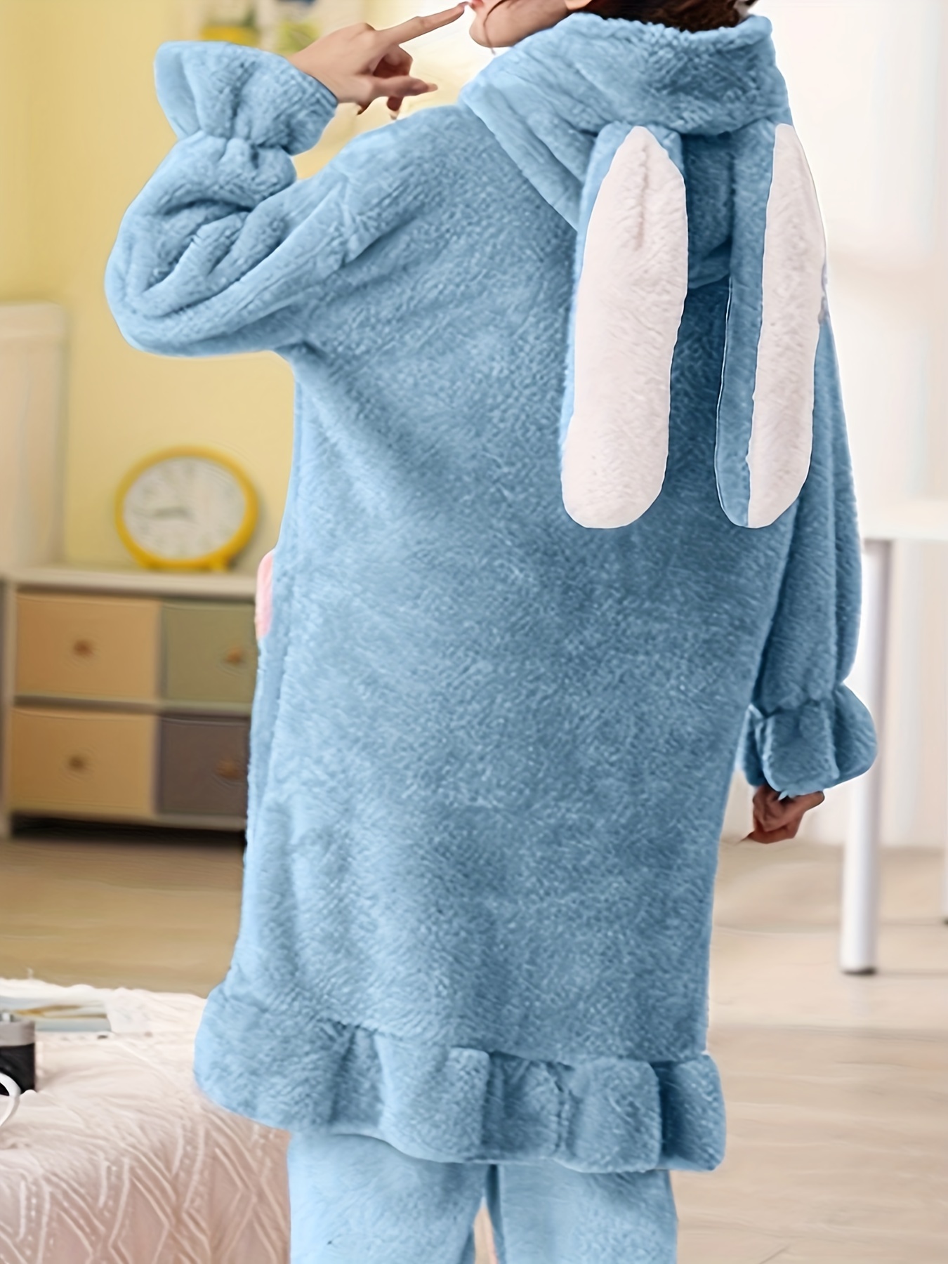 Cartoon Bunny Ears Hooded Robe Long Sleeve Fuzzy Night Robe - Temu