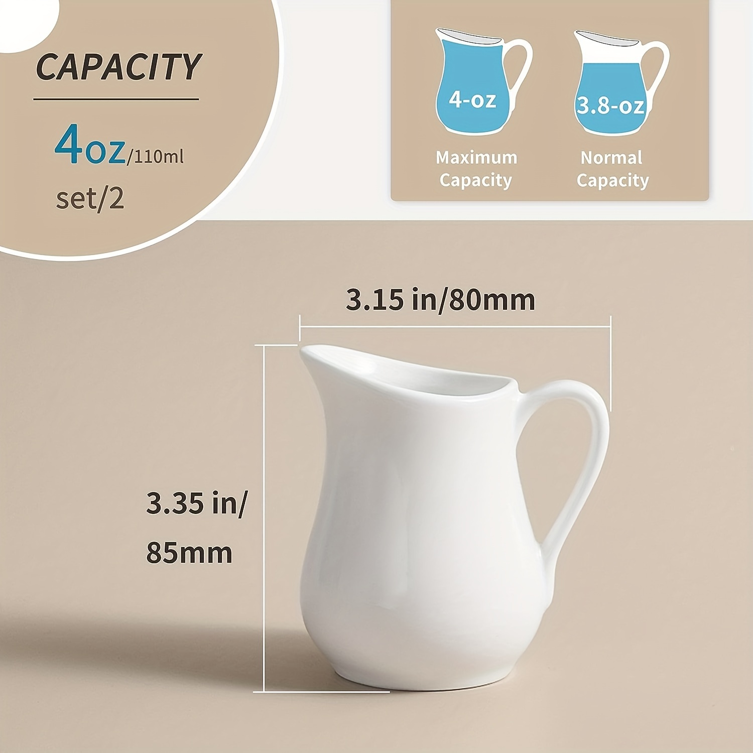 BSTKEY 4 Pack 3.4 Oz Porcelain Creamer Pitcher, Small Ceramic