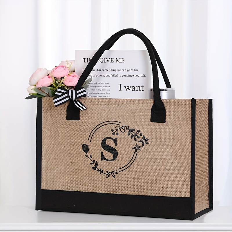 Design Initial Letter Linen Tote Bag, Personalized Present Bag,  Lightweight, Portable Letter Flower Pattern Natural Elements Linen  High-Capacity Tote Bag, Graduation Gifts Halloween Gifts Christmas Gift,  Beach Vacation Stylish Tote Bag, Suitable