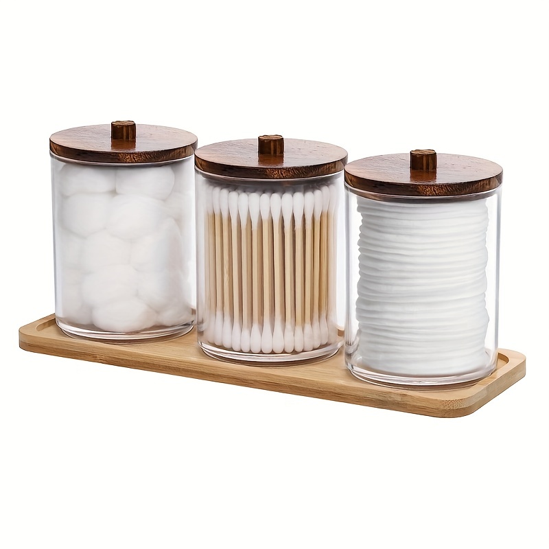Sutowe Cotton Swab Holder 2Pcs with Bamboo Lid Tray 10 Oz Cotton Ball  Organizer Clear Glass Bathroom Storage for Floss Dresser Farmhouse  Decoration