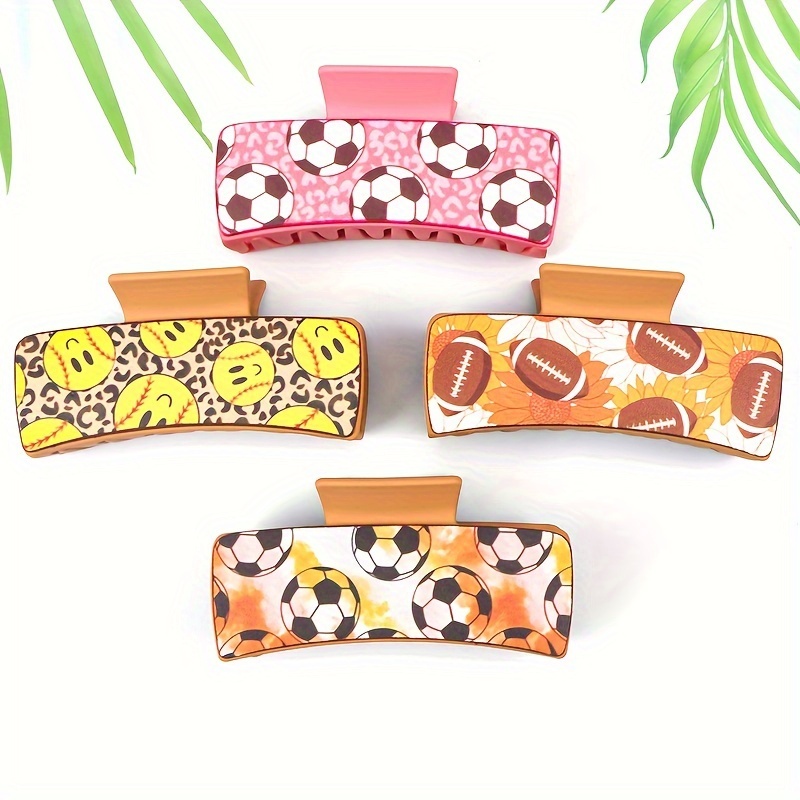 

1pc/4pcs Sports Balls Printed Pu Leather Hair Claw Clips Large Rectangular Hair Grab Clip For Women And Daily Uses