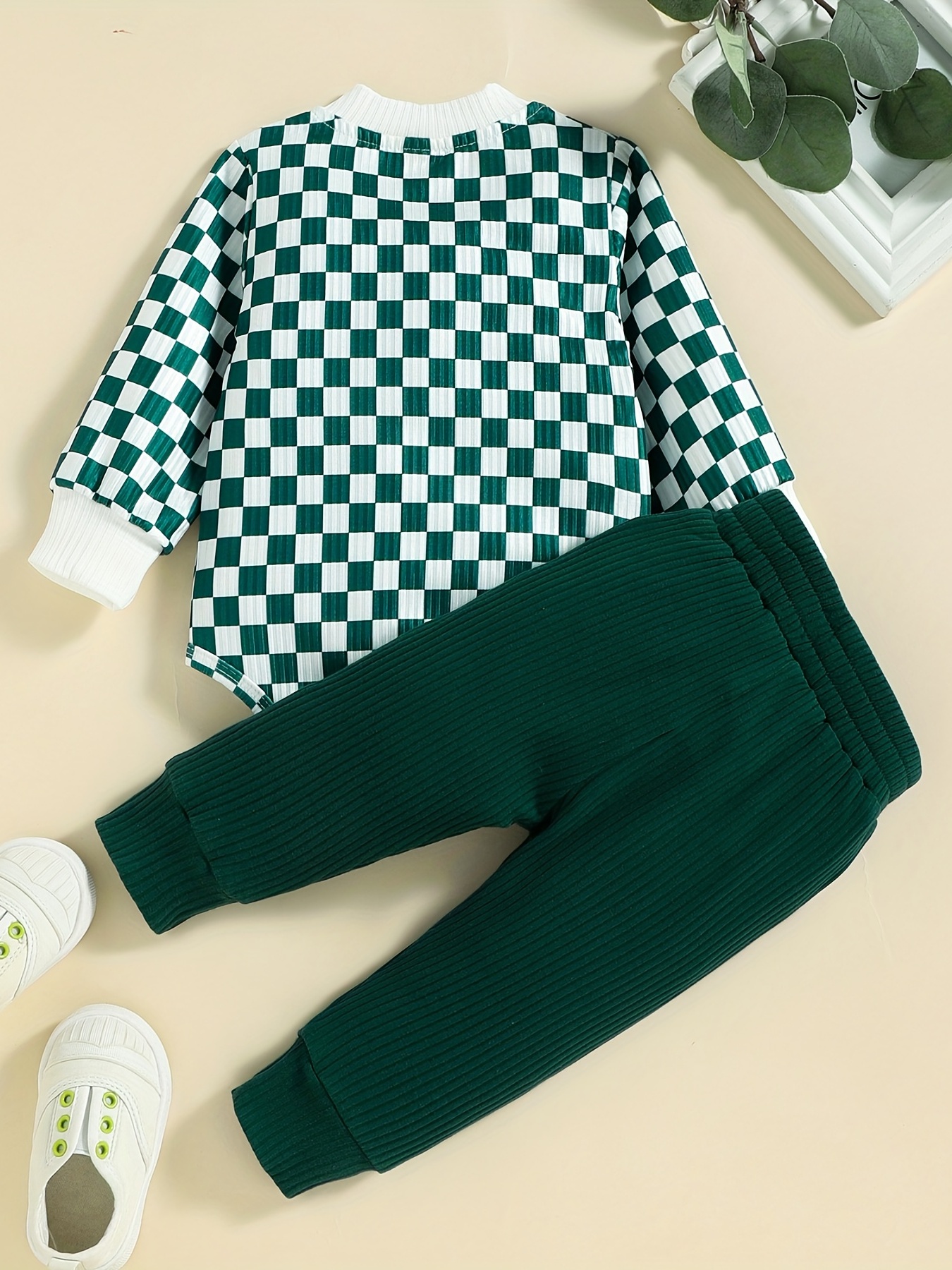 2pcs Baby Infant Boys Casual Checkerboard Long Sleeve Onesie Pants