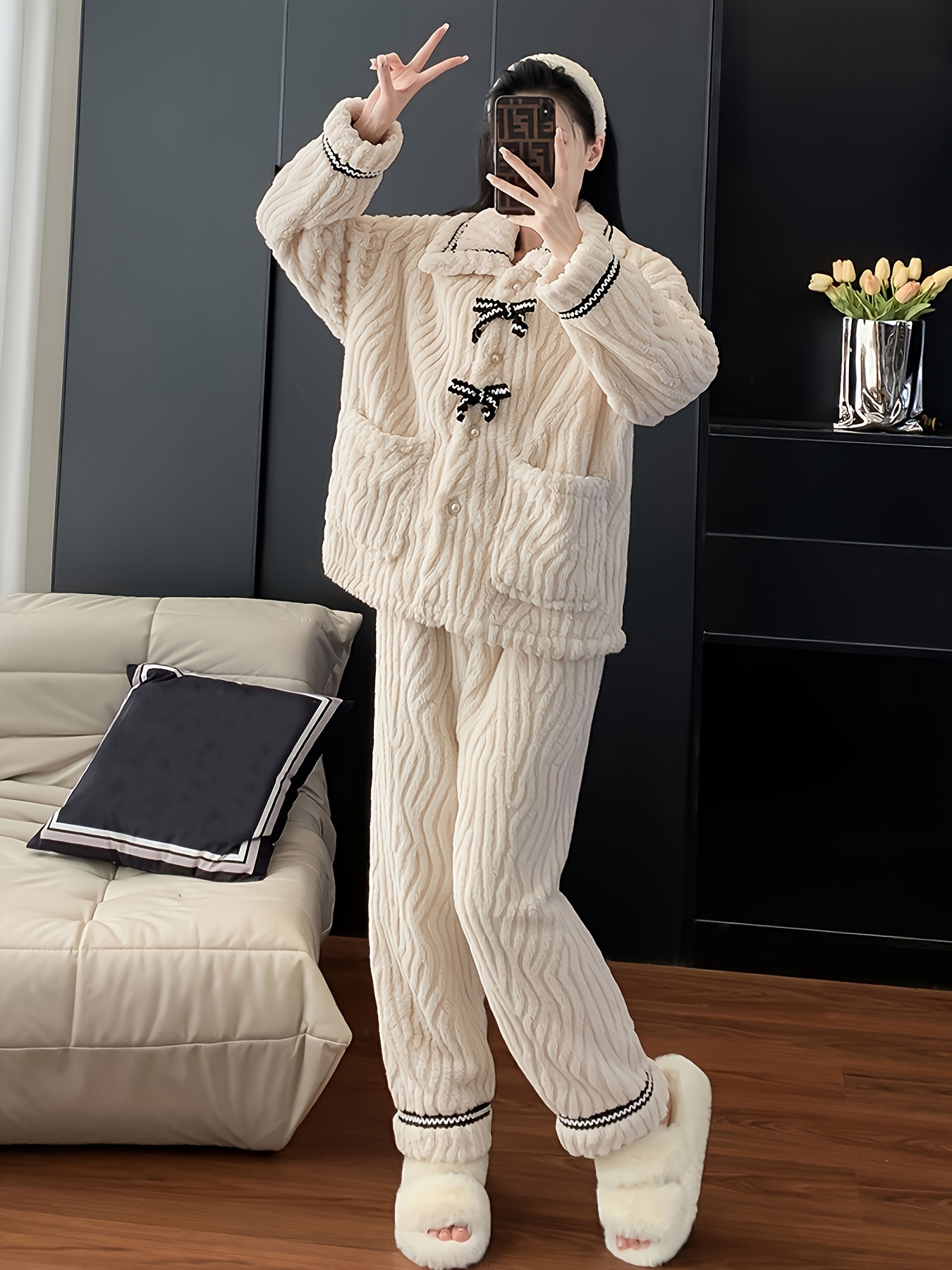 Casual Solid Bow Knot Decor Fleece Jacquard Pajama Set - Temu