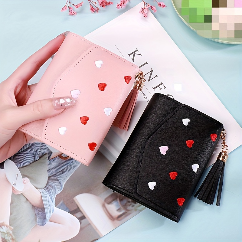 Heart Embroidered Small Wallet Letter Graphic Trifold PU Fashionable
