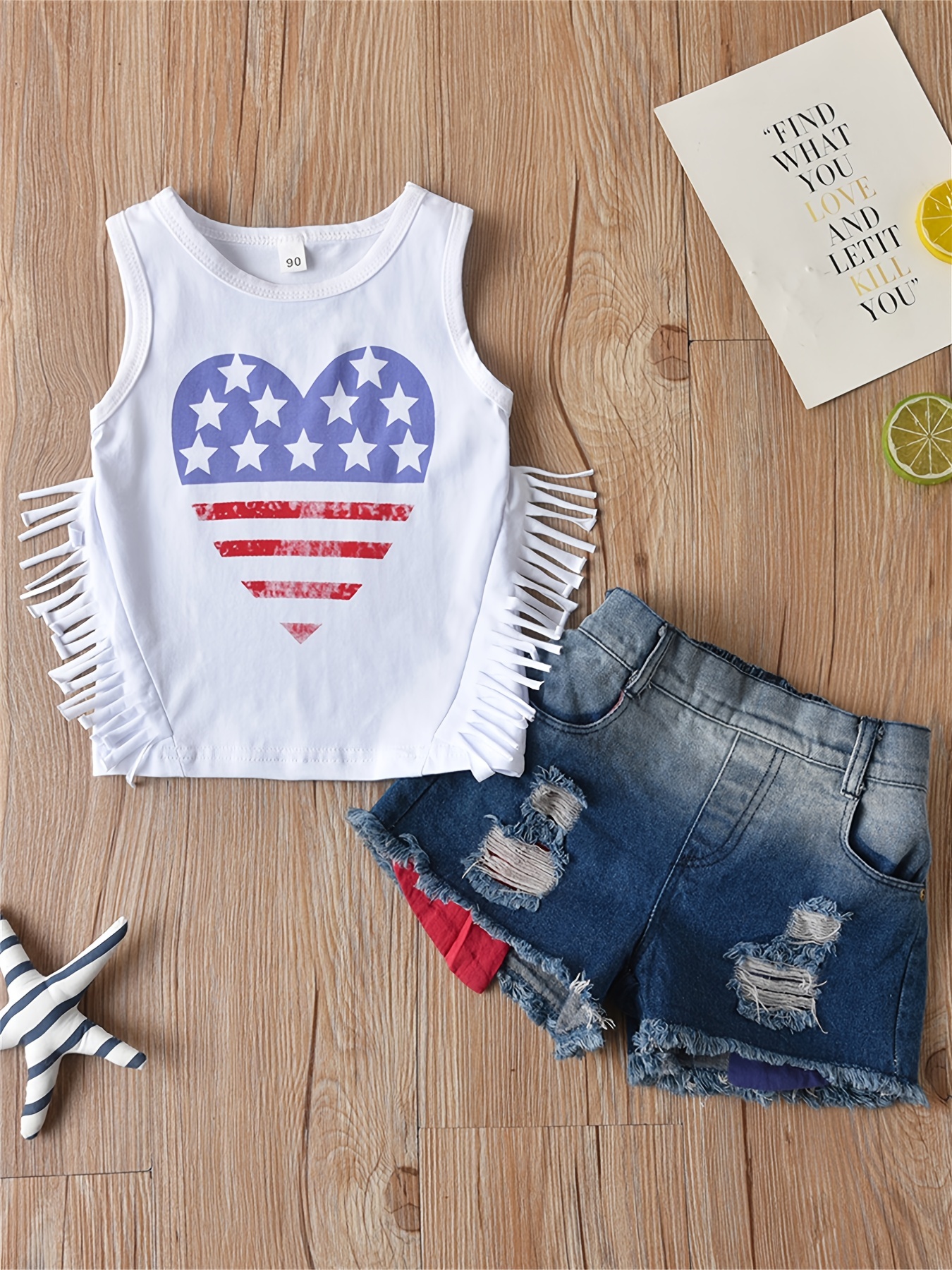 Girls Trendy Sleeveless T-shirt And Denim Shorts Set With American