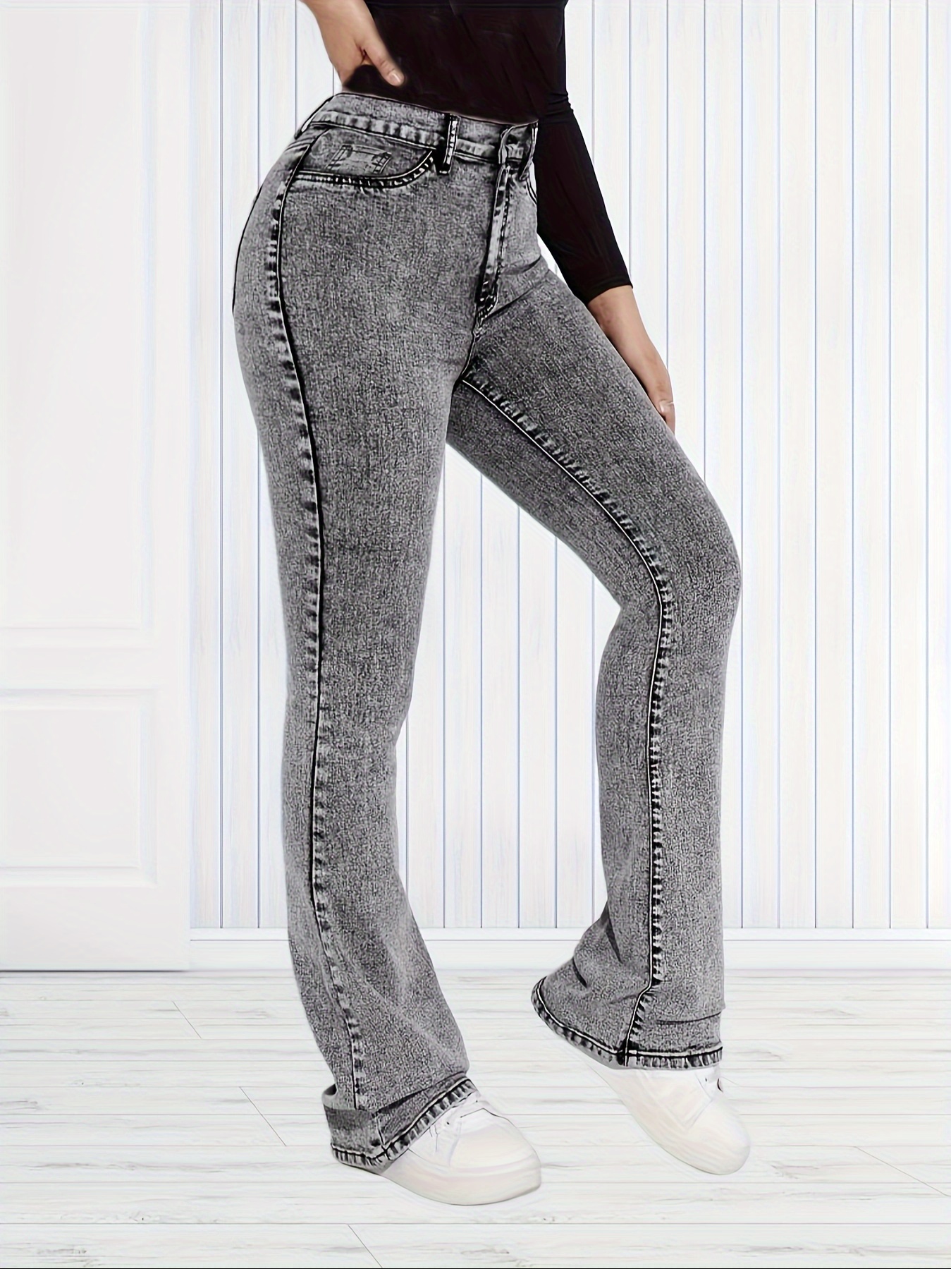 Grey Flared Legs Denim Jeans Bell Bottom High stretch Slash - Temu