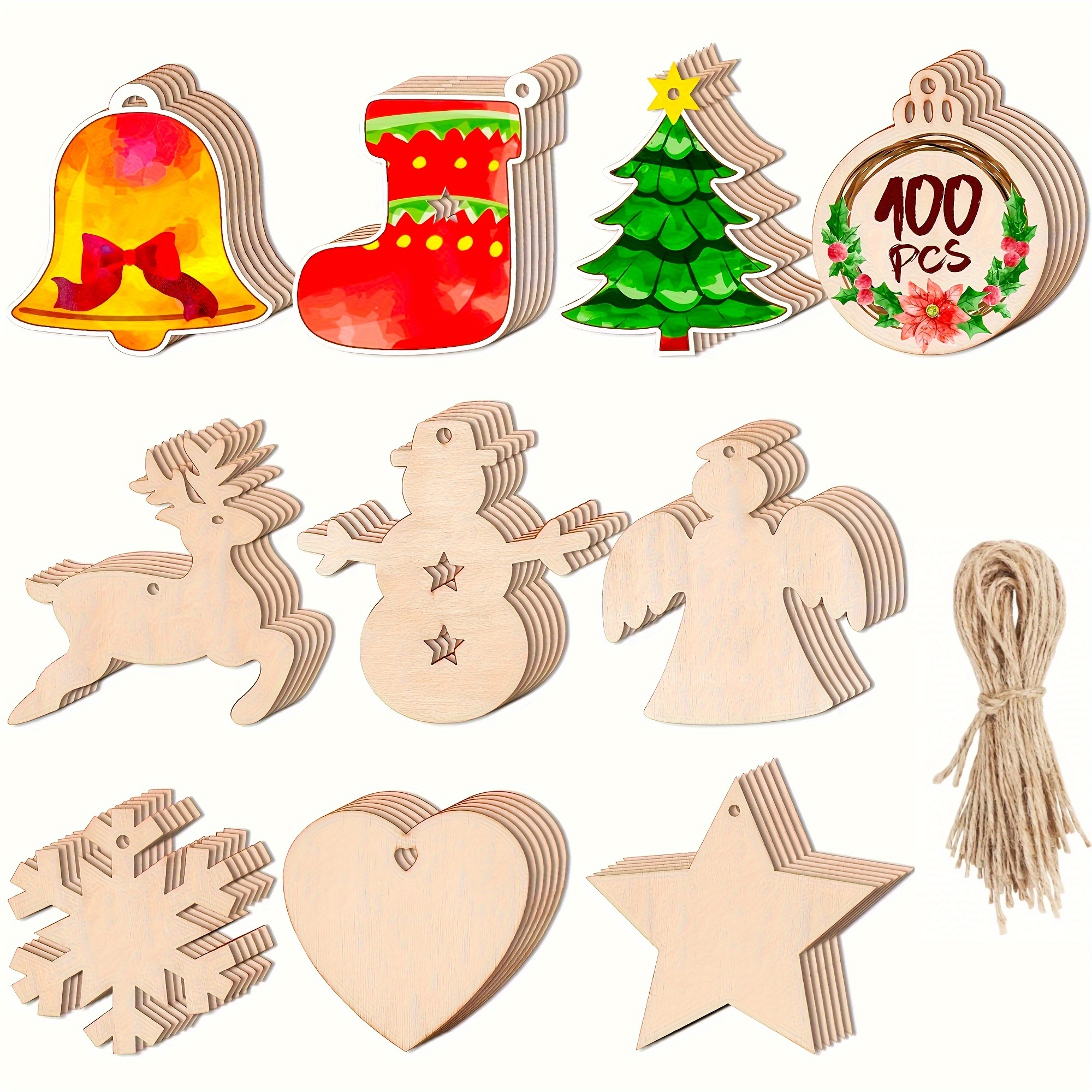 50 Pcs Wooden Christmas Ornaments Unfinished, Wood Slices for Crafts in 5 Styles with 10 Twine, DIY Wooden Christmas Ornaments Hanging Decorations