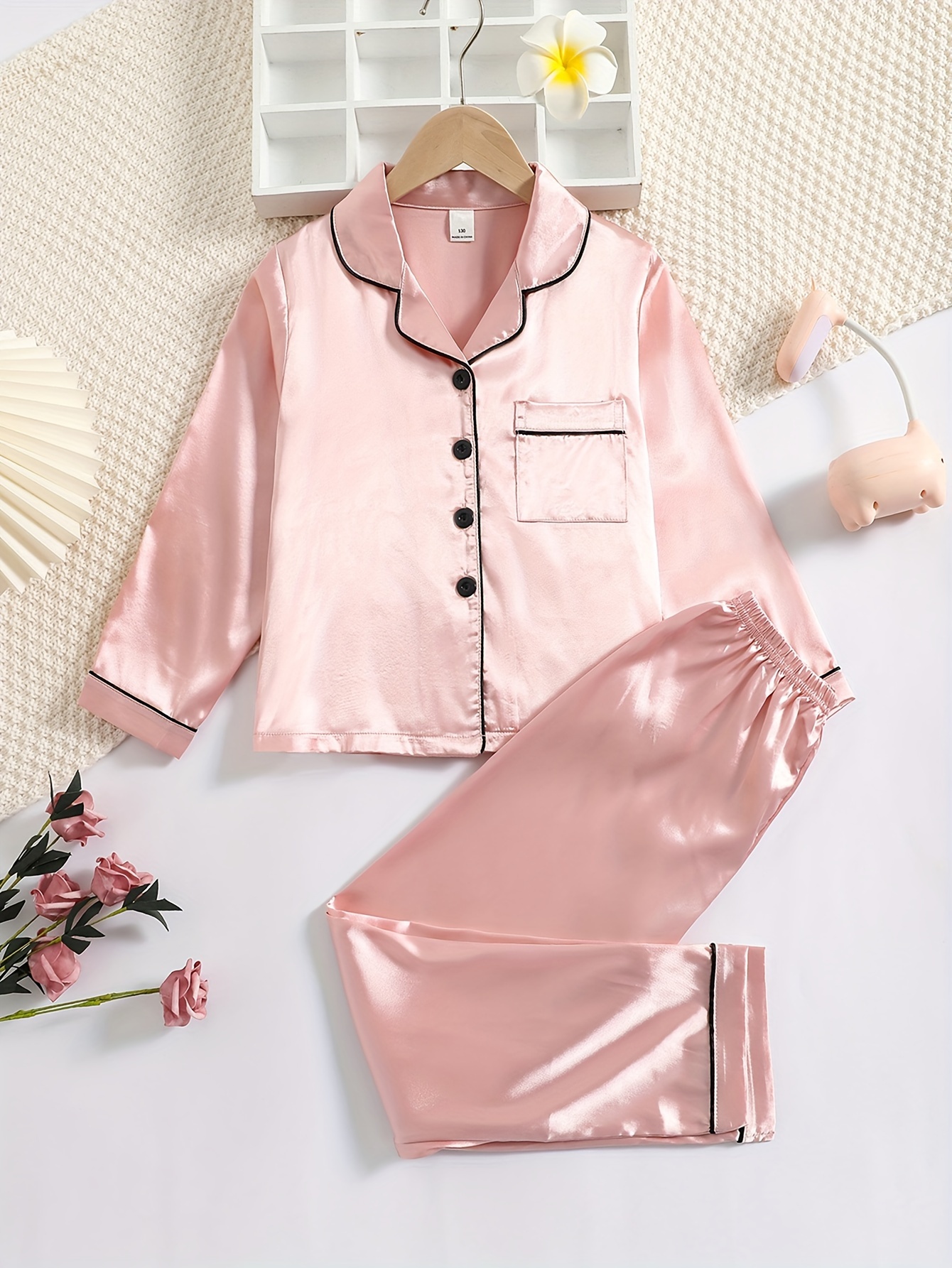 Satin Pajama Shirt and Pants - Light pink - Ladies