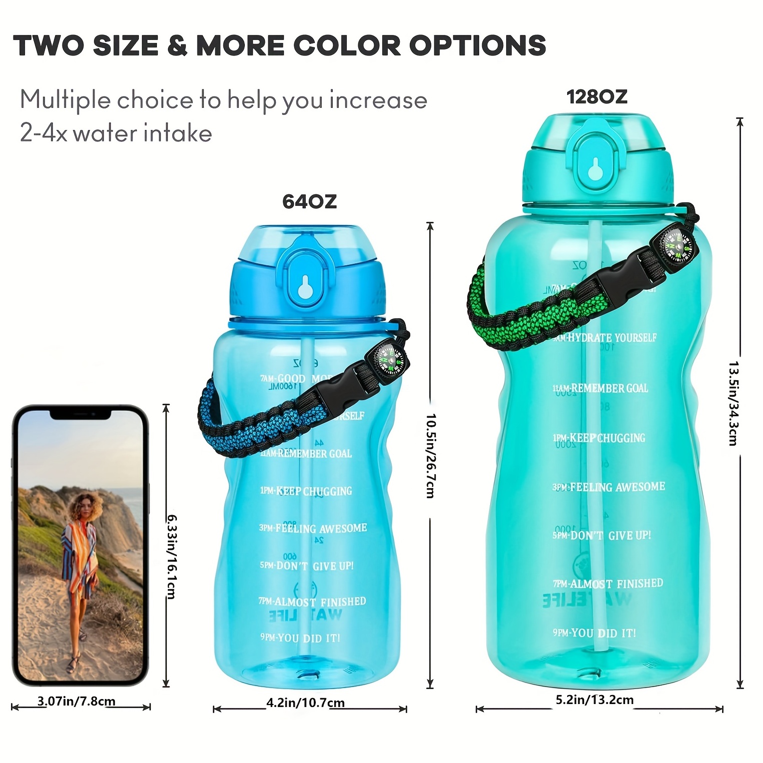 Botella de agua de 2 l con pajilla, dos tapas súper a prueba de fugas,  mango grande portátil, 64 onzas, marcador de tiempo motivacional para  aumentar