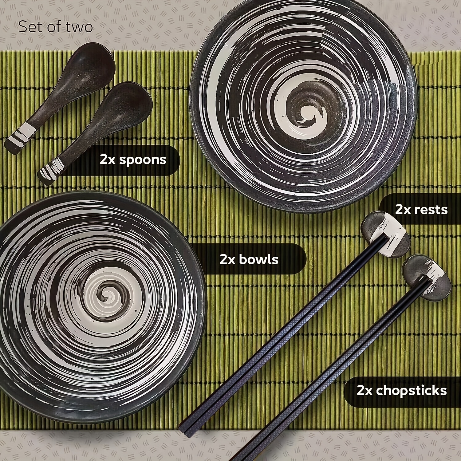 JH JIEMEI HOME Juego de 2 cuencos de ramen con palillos y cucharas, juego  de 2 cuencos de cerámica de 7 pulgadas, aptos para lavavajillas para pasta