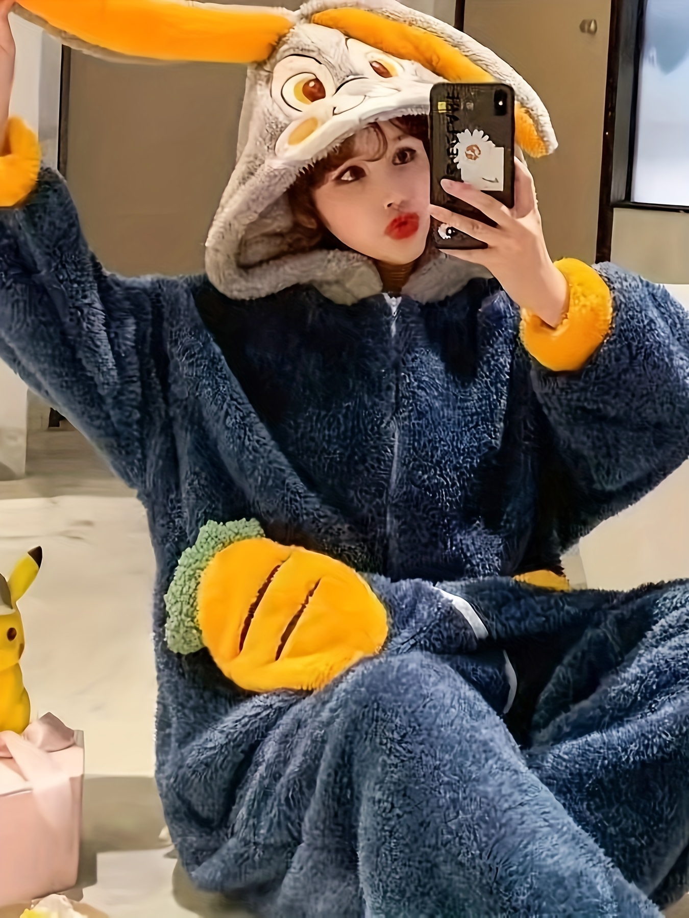 Cartoon Rabbit Hooded Jumpsuit For Music Festival, Long Sleeve Fuzzy  Pajamas With Pockets, Women's Sleepwear & Loungewear