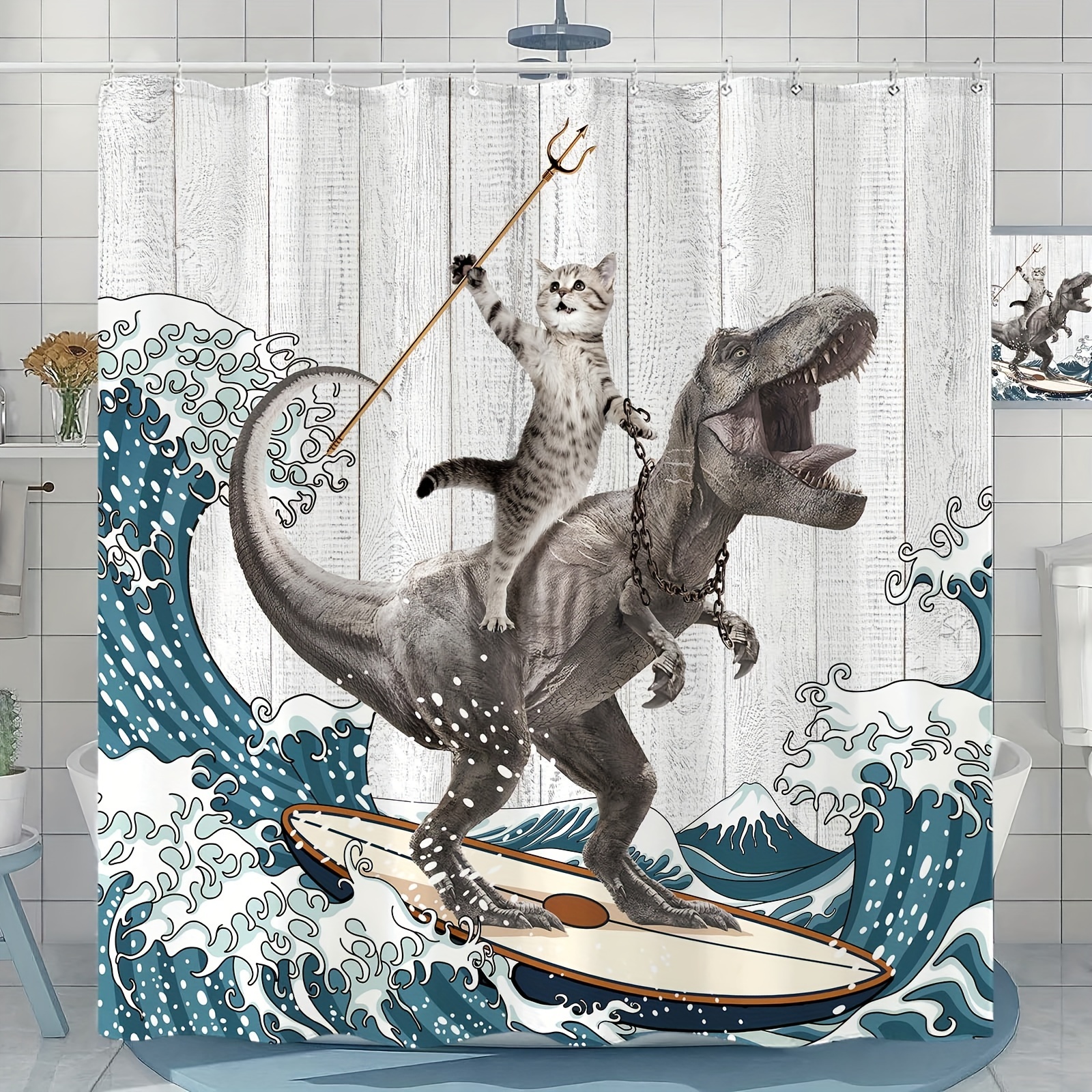 Surfing Dinosaur Ocean Shower Curtain Fun Cat Shower Curtain - Temu