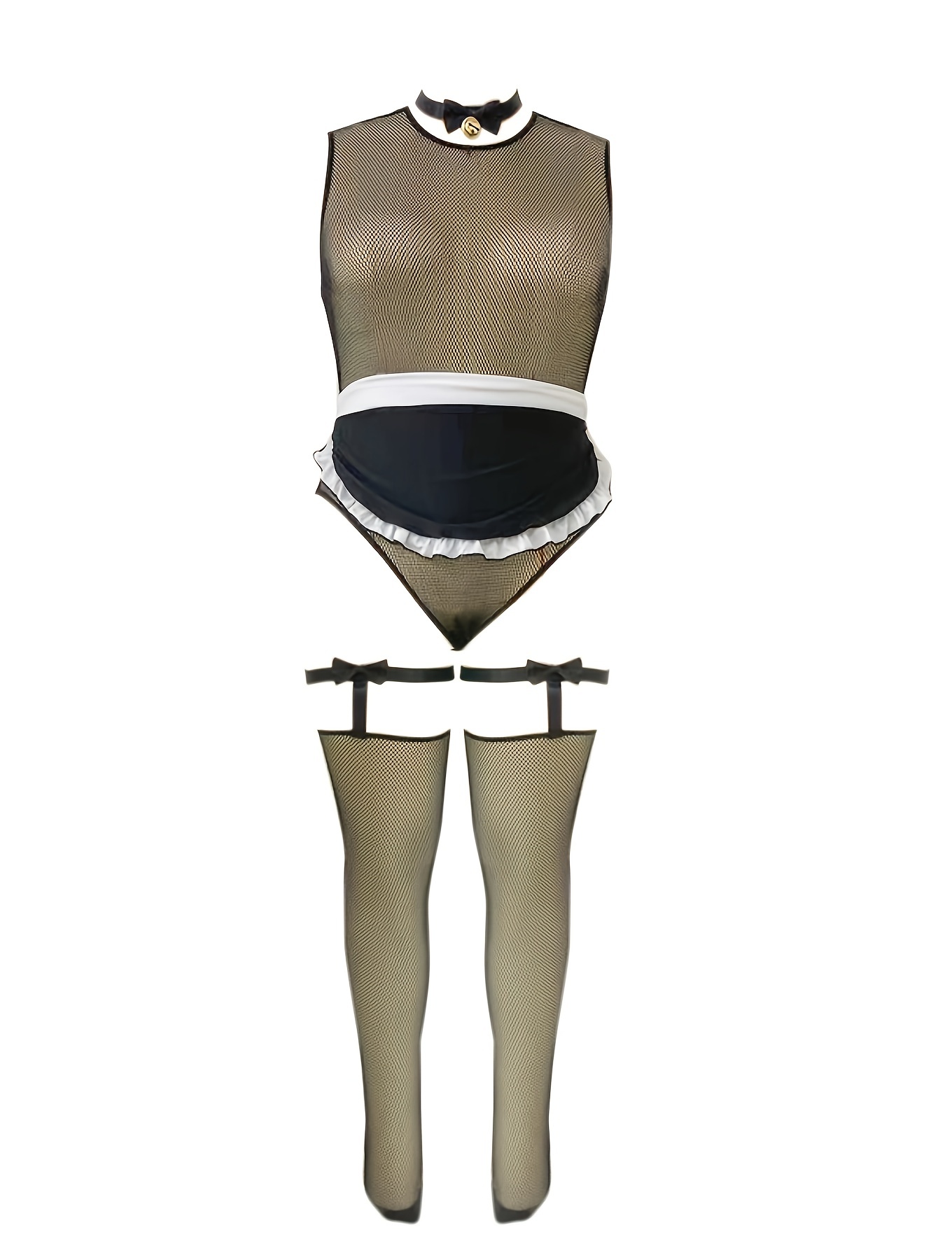 Plus Size Naughty Bodysuit, Women's Plus Solid Semi Sheer Mesh Maid  Bodysuit With Colorblock Lace Trim Girdle & Choker & Knot Garter Stockings