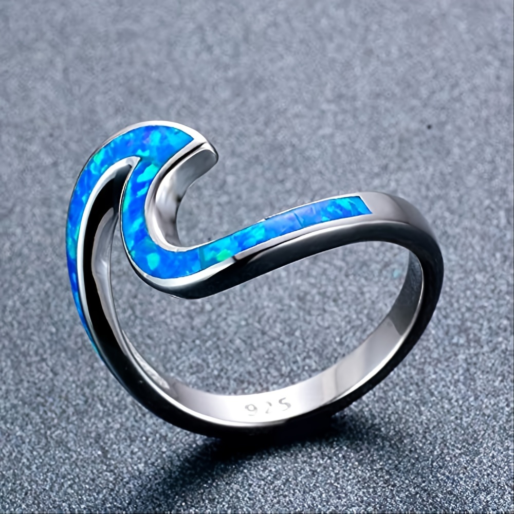 Women's Unique 925 Sterling Silver Opal Wave Ring