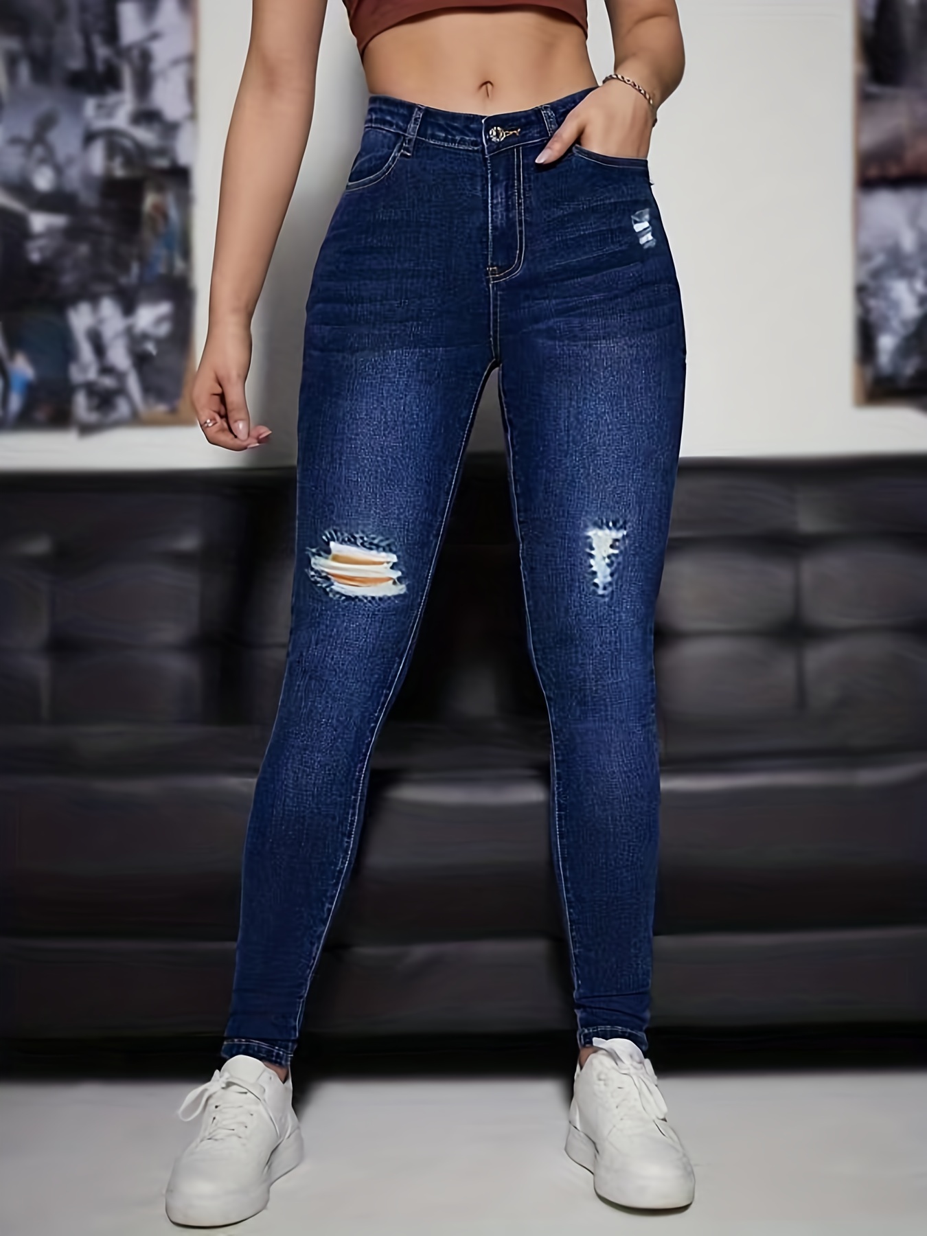 High * Water Ripple Embossed Cropped Skinny Jeans, High Waist Distressed  Tight Stretchy Denim Pants, Women's Denim Jeans & Clothing