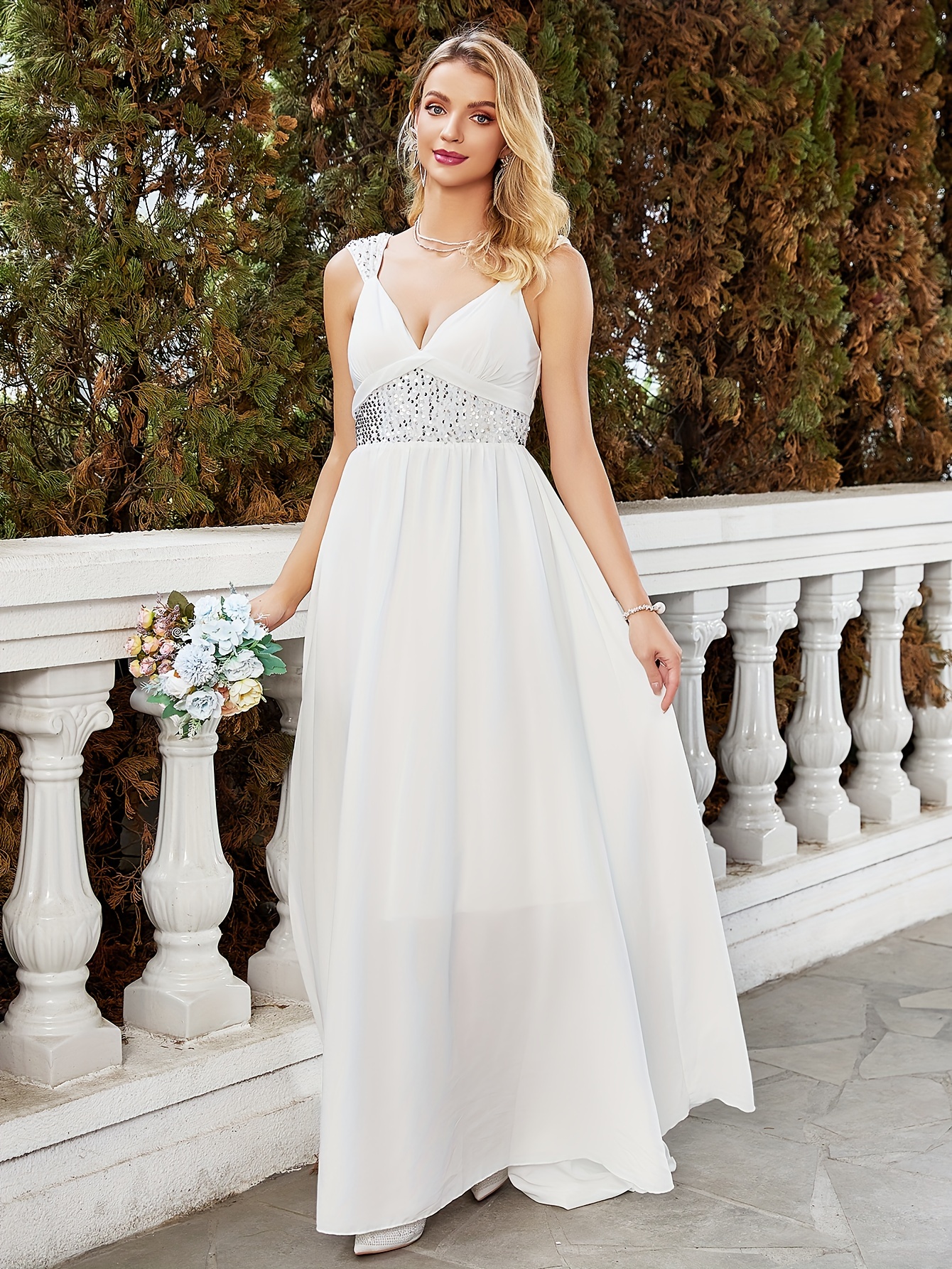 Lace Floor Length Wedding Dress Elegant V Neck Long Sleeve - Temu