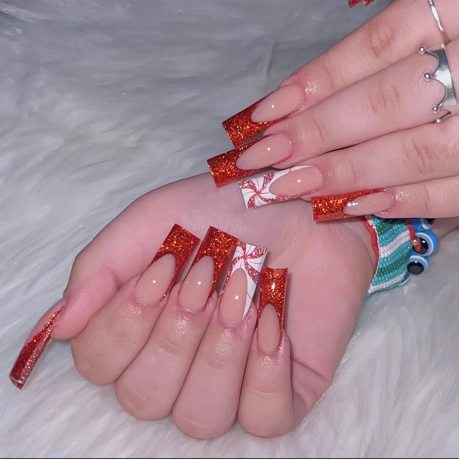 Glossy Long Square Fake Nails Red Glitter French Tip - Temu