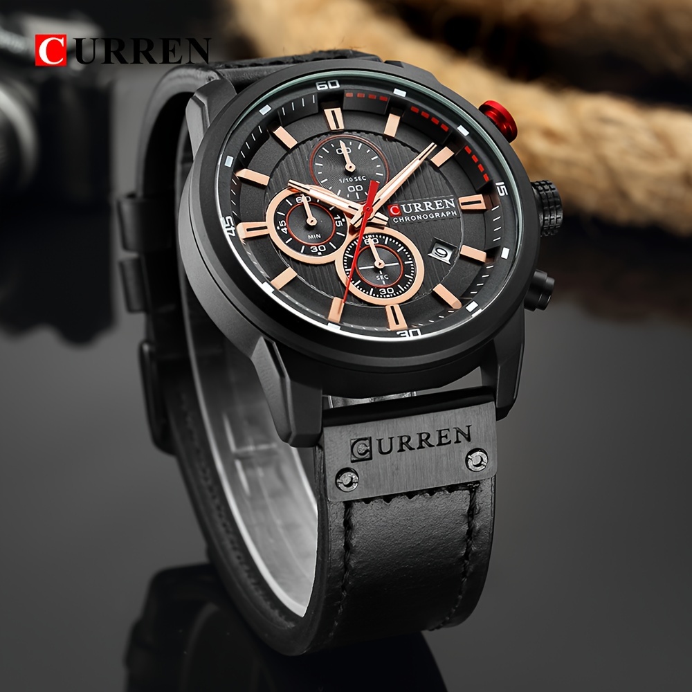 mens sports watch with multiple functions pu leather strap and automatic date display details 2