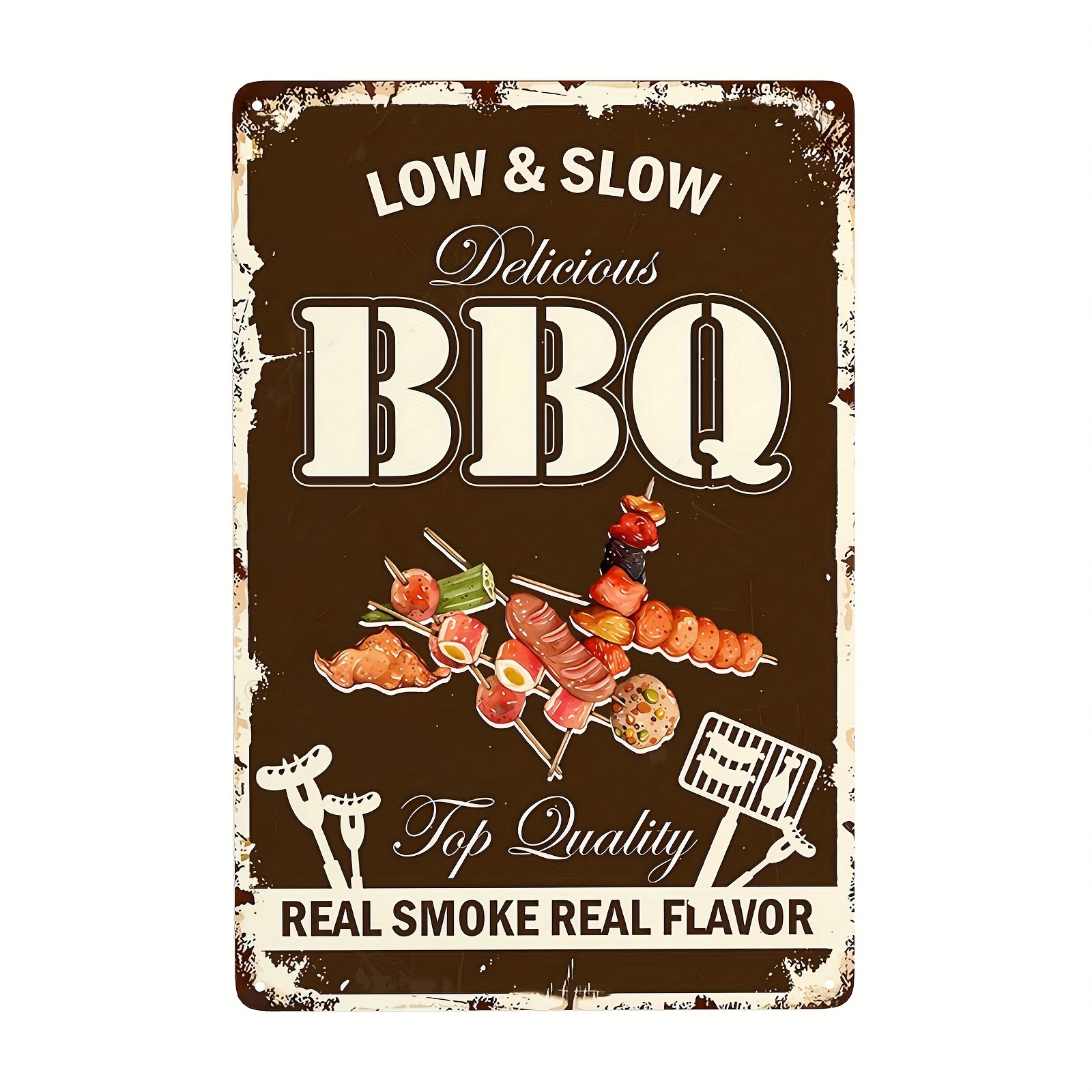 

1pc, Vintage Aluminum Sign, Low And Slow Delicious Bbq Quality Real Smoke Real Flavor, Retro Art Metal Wall Decor Hanging Metal Sign 8x12 Inches For Home Bar Pool Backyard Grill