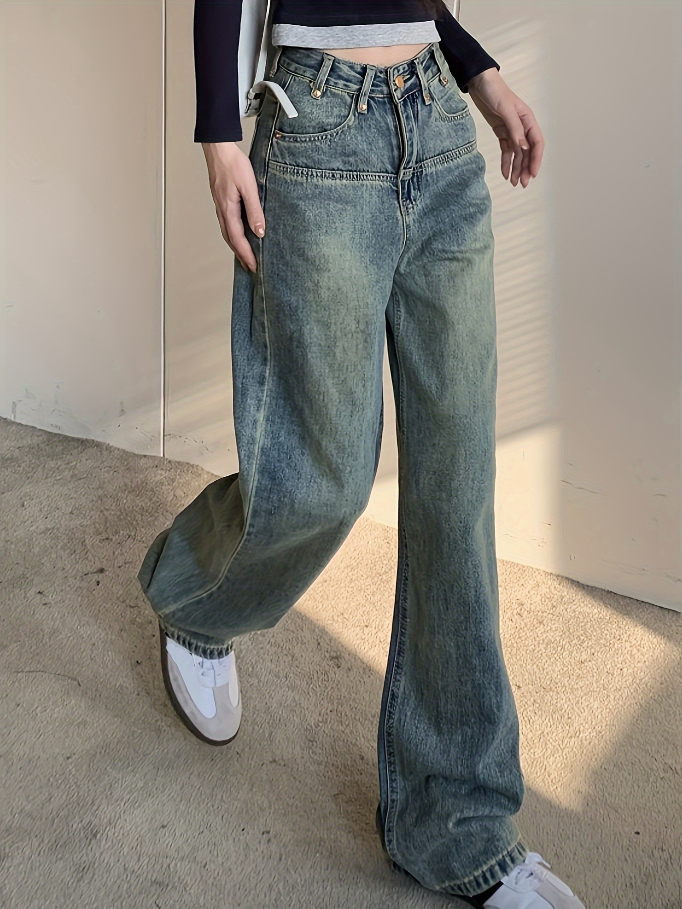 High Waist Versatile Baggy Jeans Loose Fit Slant Pockets - Temu