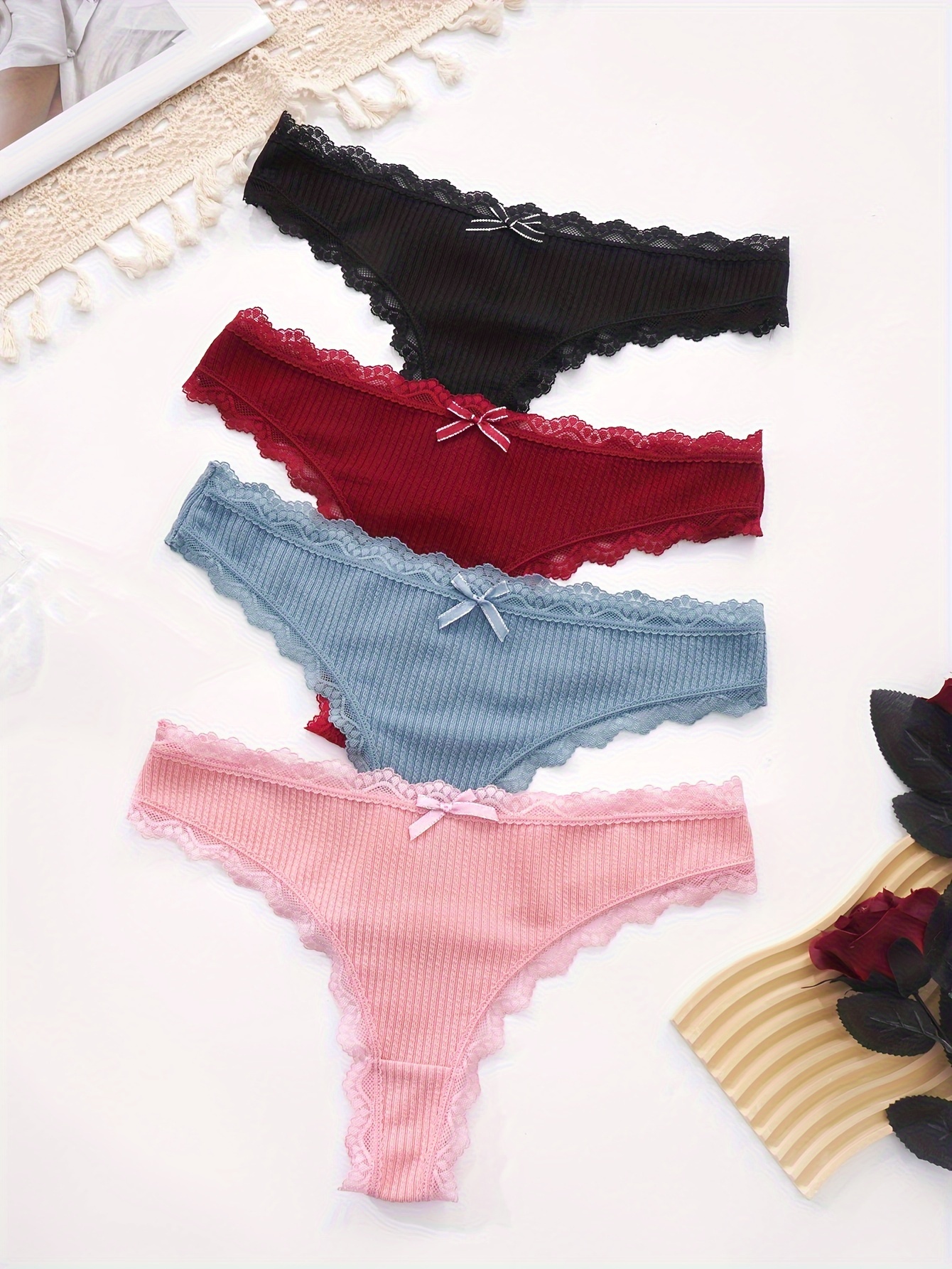 4pcs Scallop Trim Thongs, Soft & Comfy Contrast Lace Panties, Women's  Lingerie & Underwear