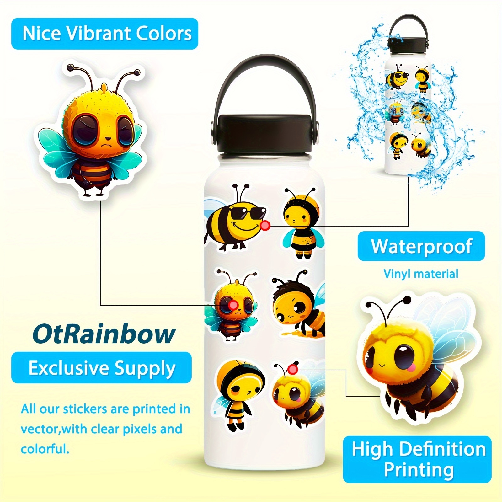 (50 pcs) Bee Stickers Honey Bee Waterproof Vinyl Stickers for Laptop Water  Bottle Phone Case Scrapbooking Party Bag Fillers