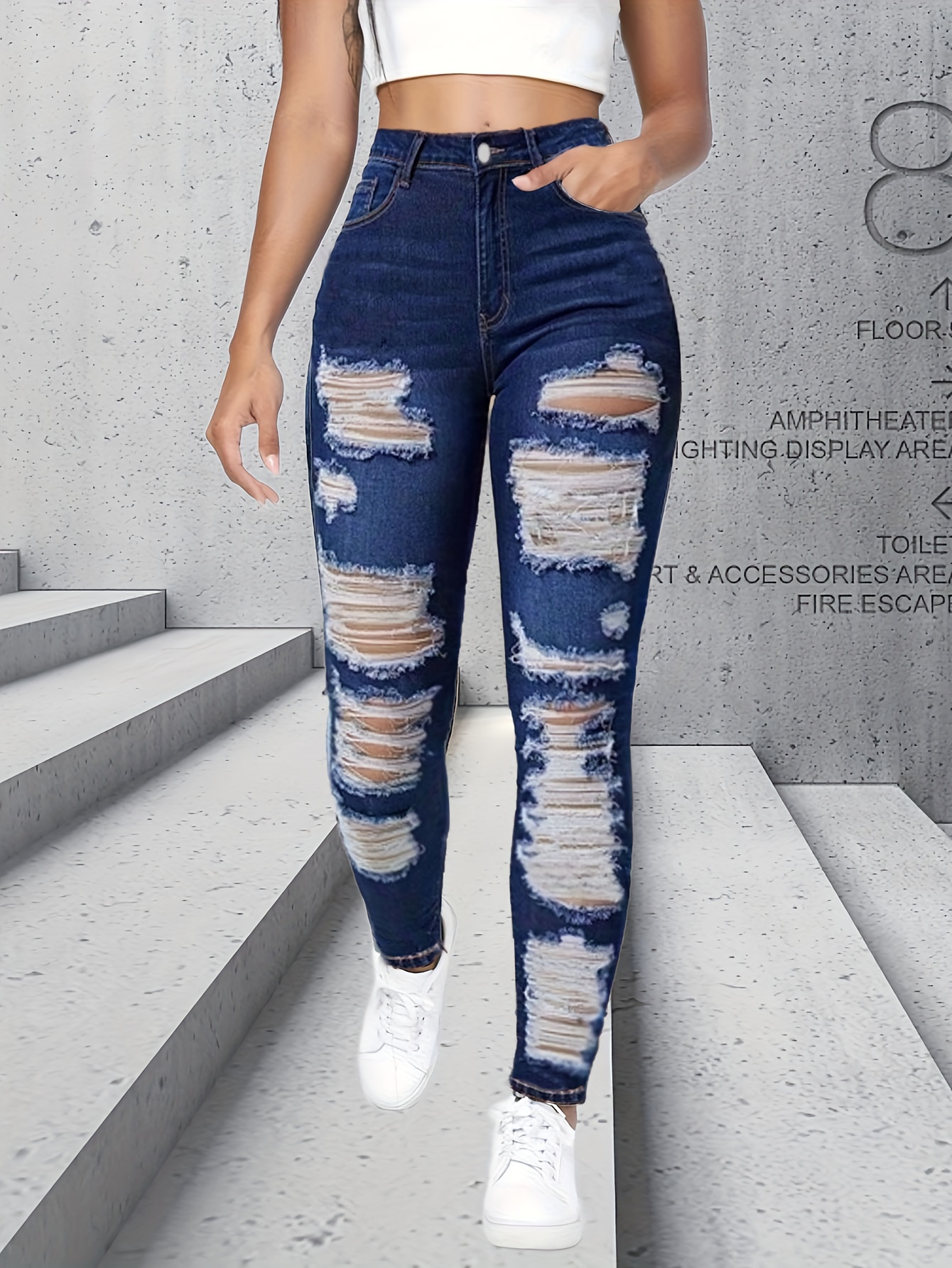 Blue Extra Long Denim Jeans, Ripped Holes Distressed Slash Pockets  High-Stretch Denim Pants, Women's Denim Jeans & Clothing