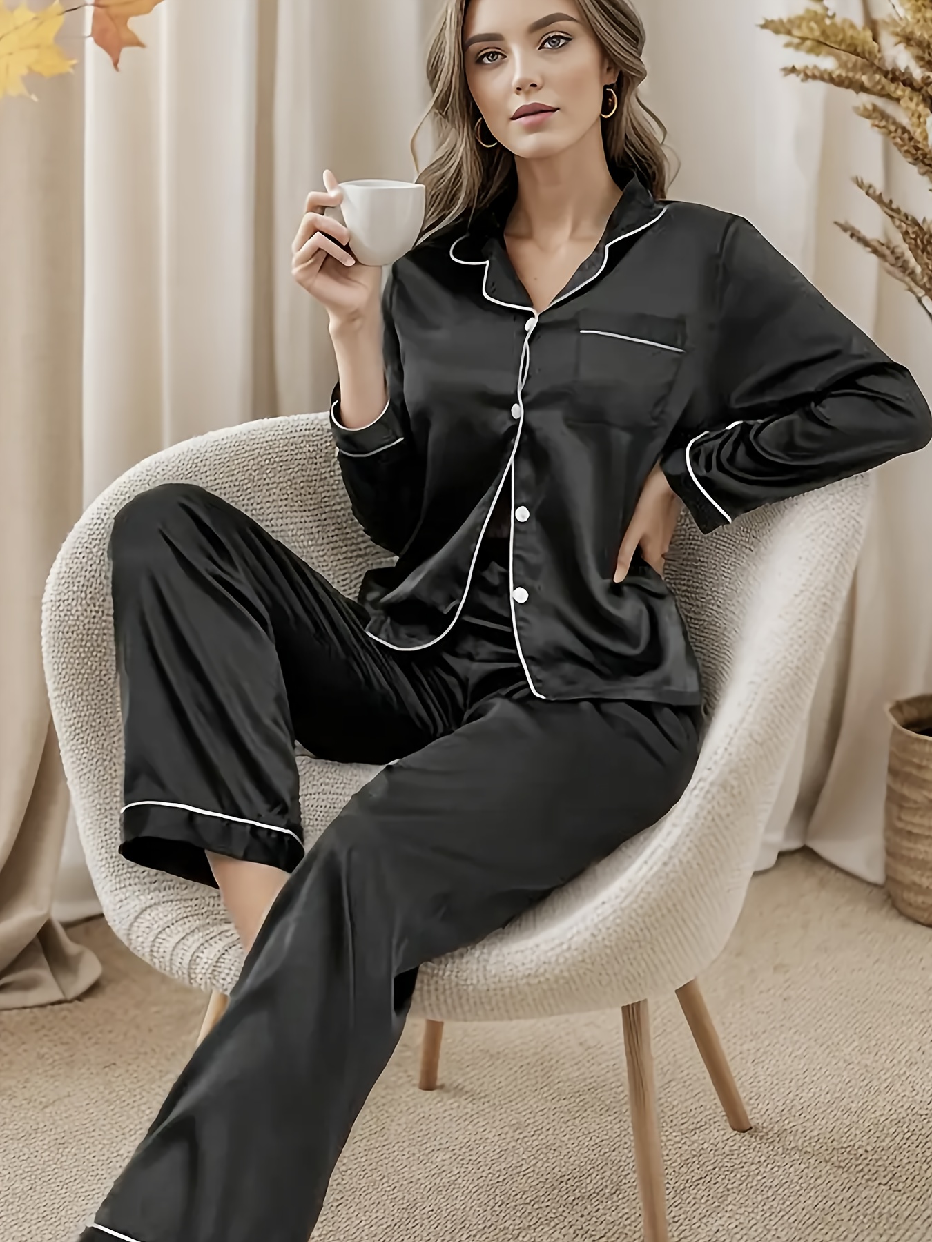 Elegant Solid Satin Pajama Set Long Sleeve Button Lapel - Temu United  Kingdom