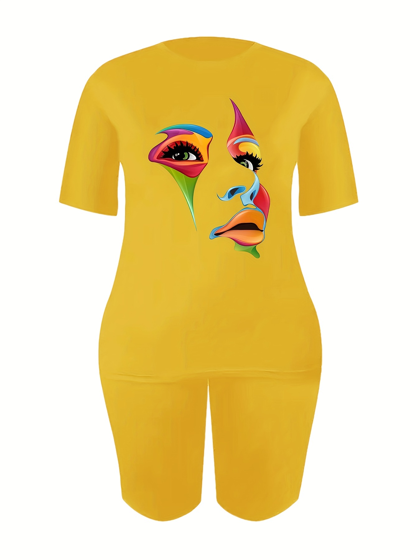 Abstract Face Print T shirt & Slim Shorts Set