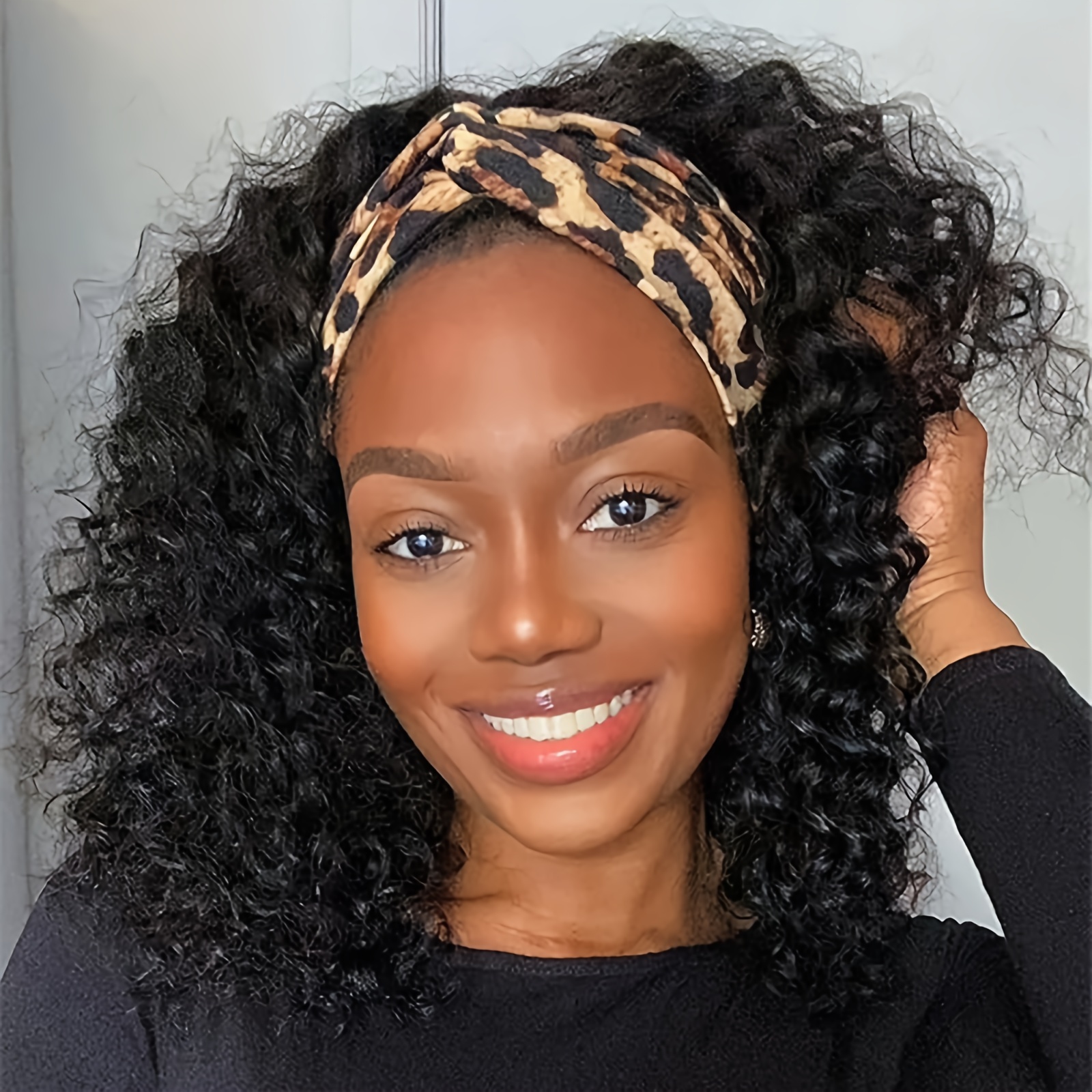 

Jerry Curly Headband Wig Human Hair Deep Wave Headband Wigs For Women Human Hair Glueless None Lace Front Wigs Brazilian Virgin Hair Wig Machine Made 180% Density Natural Black Color