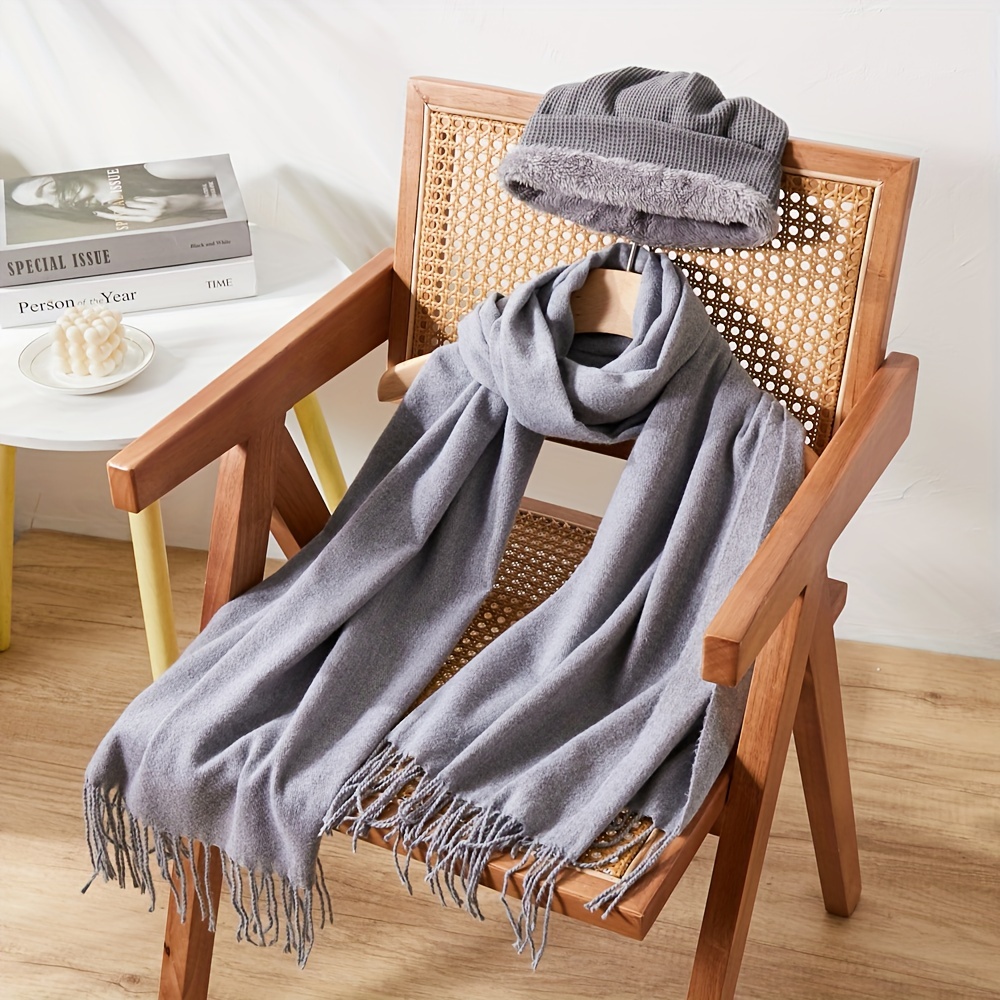 2pcs Set Grey Hat And Scarf, Warm Polyester Knitted Scarf Neck