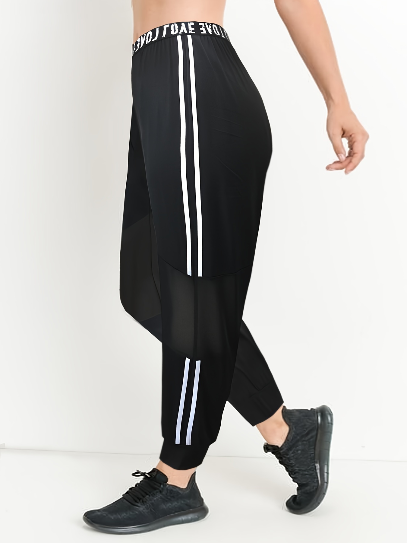 Plus Size Sports Pants, Women's Plus Letter Tape Striped Side Mesh Fitness  Gym Joggers