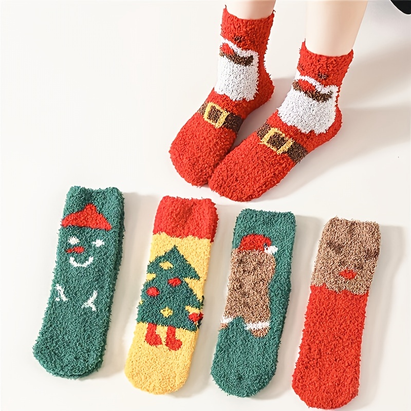 5 Pairs Cartoon Christmas Socks, Warm & Cute Fuzzy Mid Tube Socks, Women's  Stockings & Hosiery