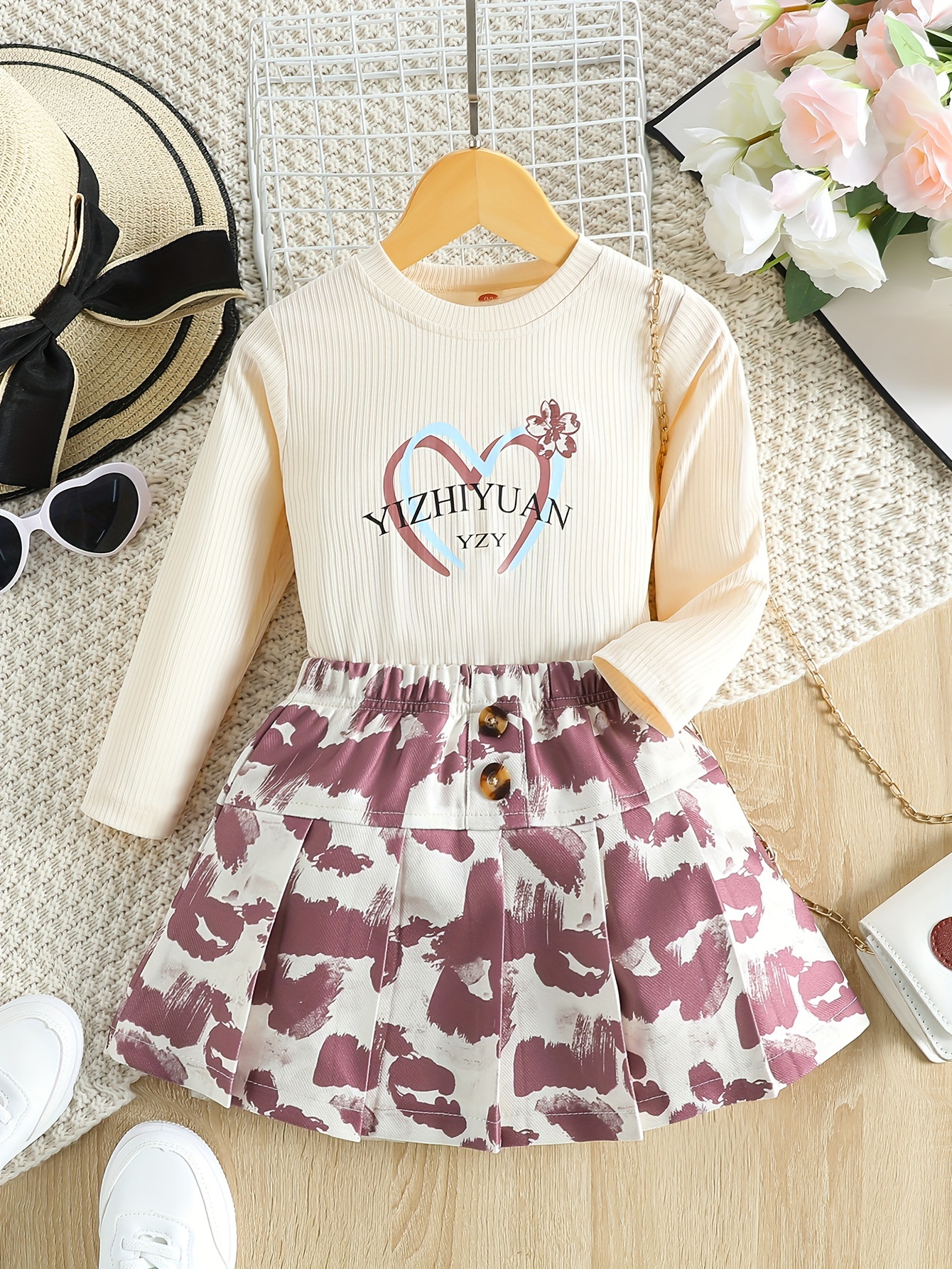 Floral Letter Print Two piece Set Crew Neck Long Sleeve - Temu