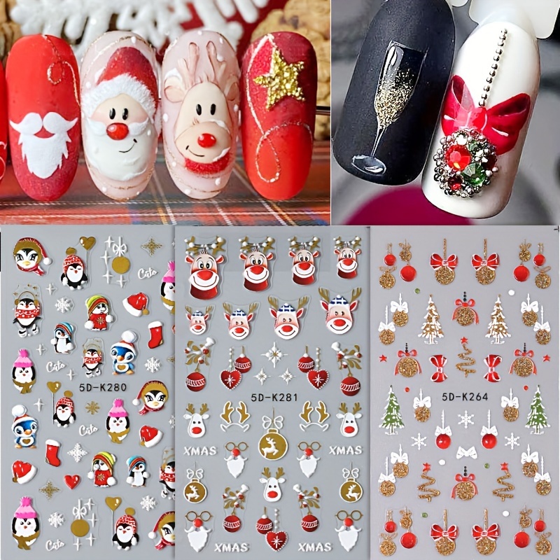 5d Embossed Christmas Nail Art Stickers snowflake Elk Design - Temu